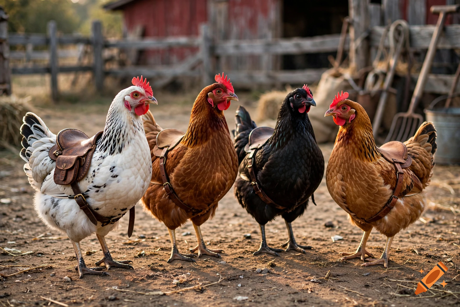 Photorealistic image of four chickens wearing miniature leather saddles on a farm with a red barn in the background.