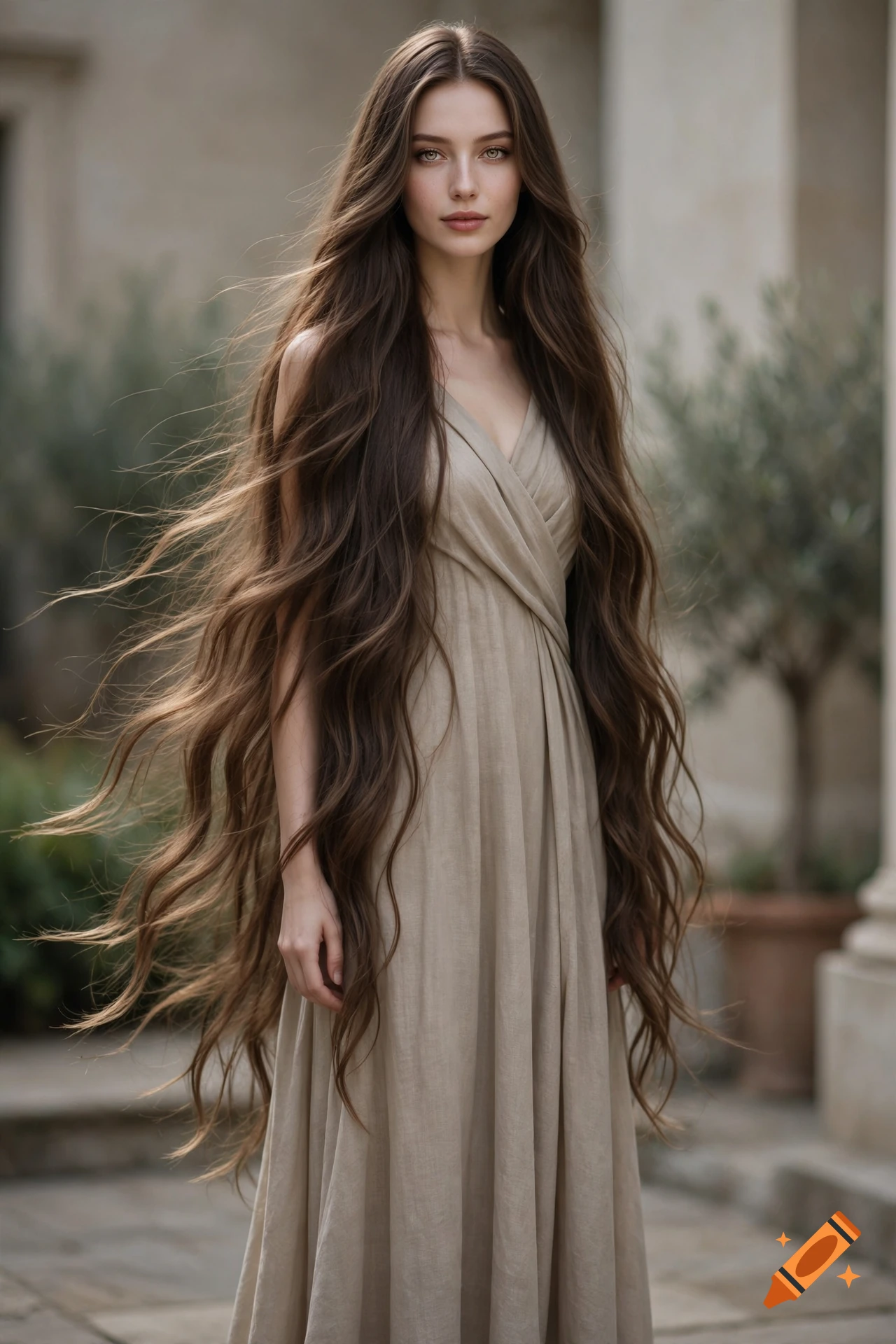 Photorealistic portrait of a tall woman with extremely long brown hair, wearing a neutral-toned draped dress outdoors.
