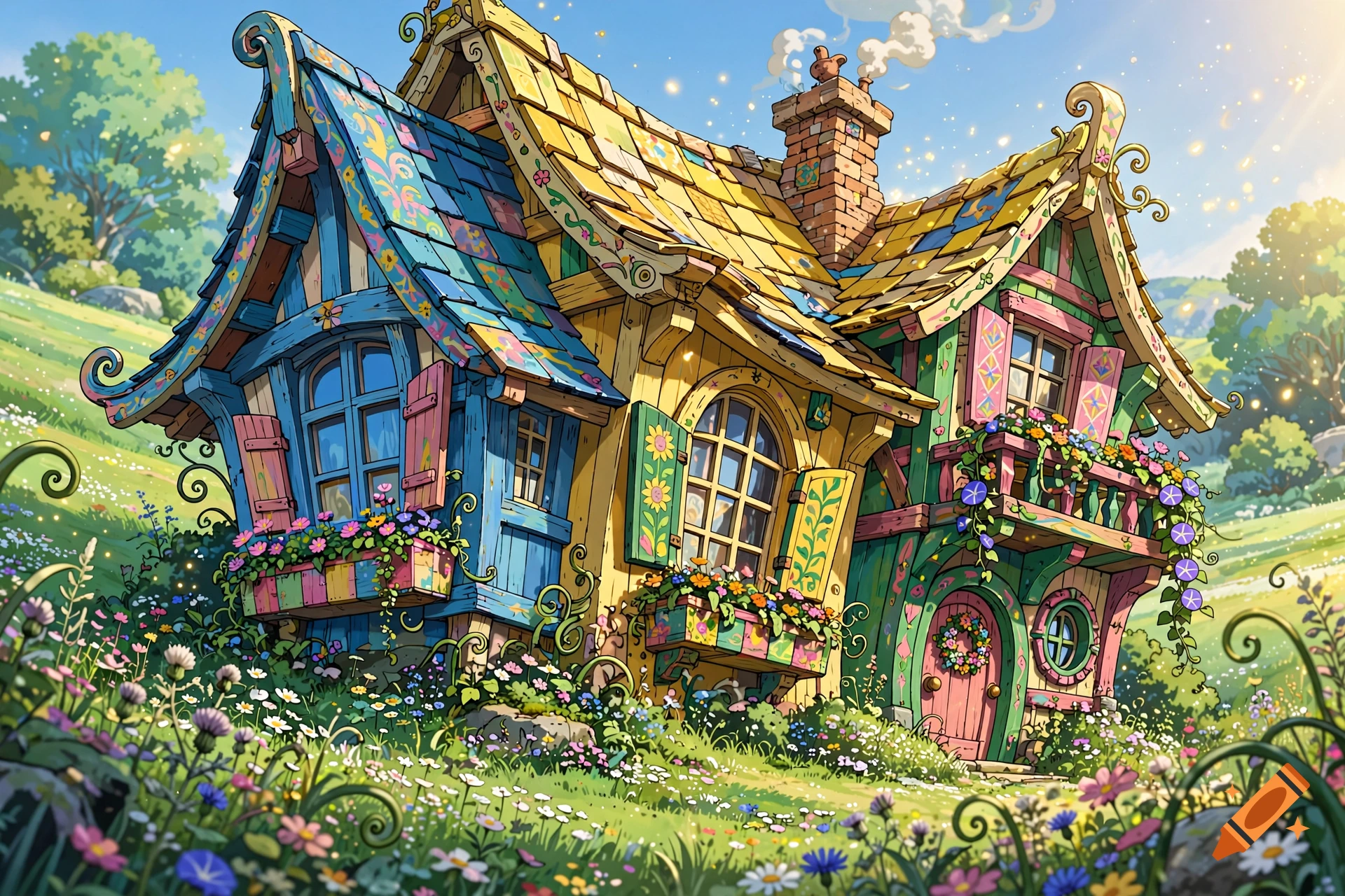 An irregularly shaped, colorful cottage in an anime style, surrounded by a rolling green meadow and wildflowers under a sunny sky.