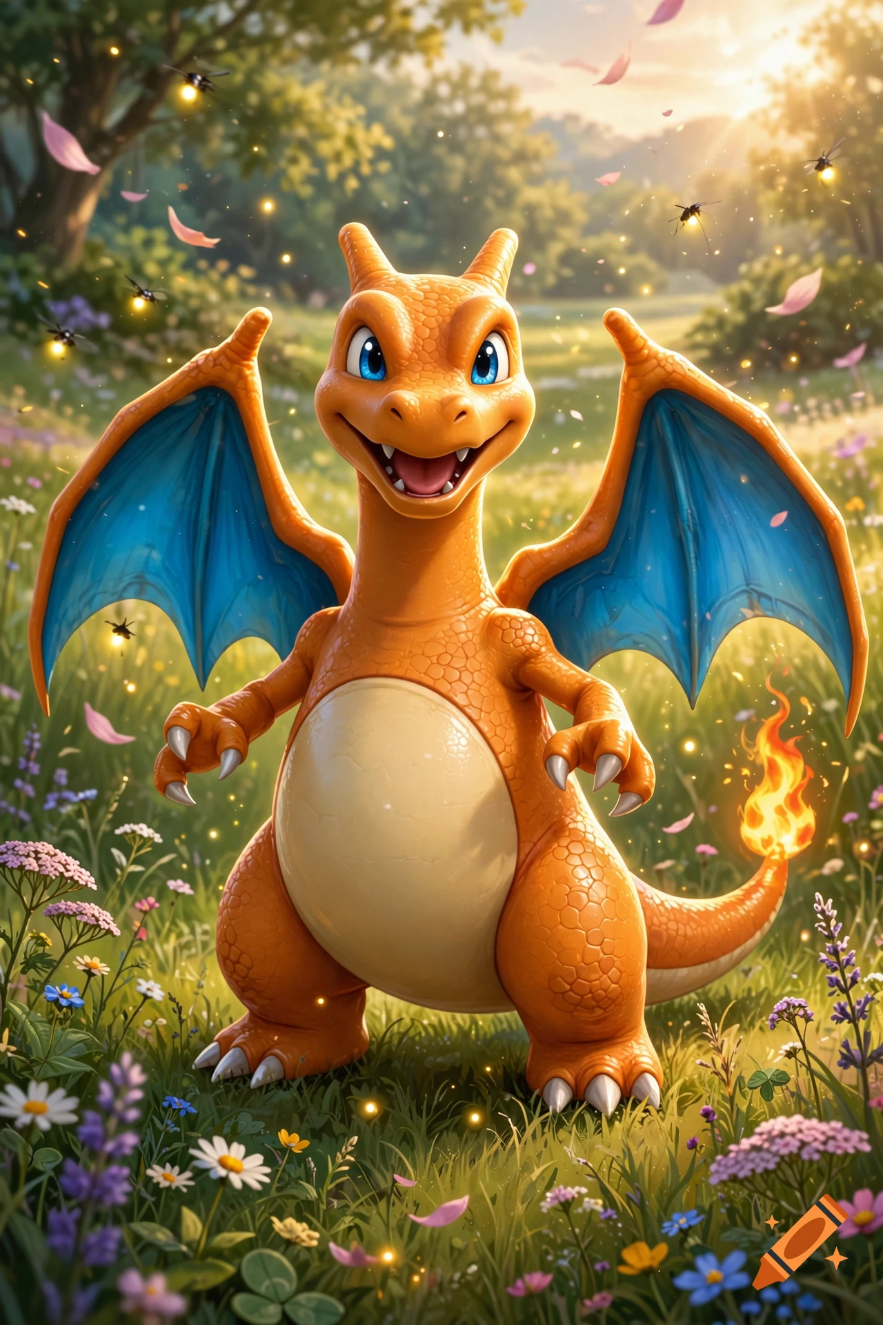 Digital art of Charizard standing in a sunlit grassy field with glowing fireflies and colorful wildflowers.