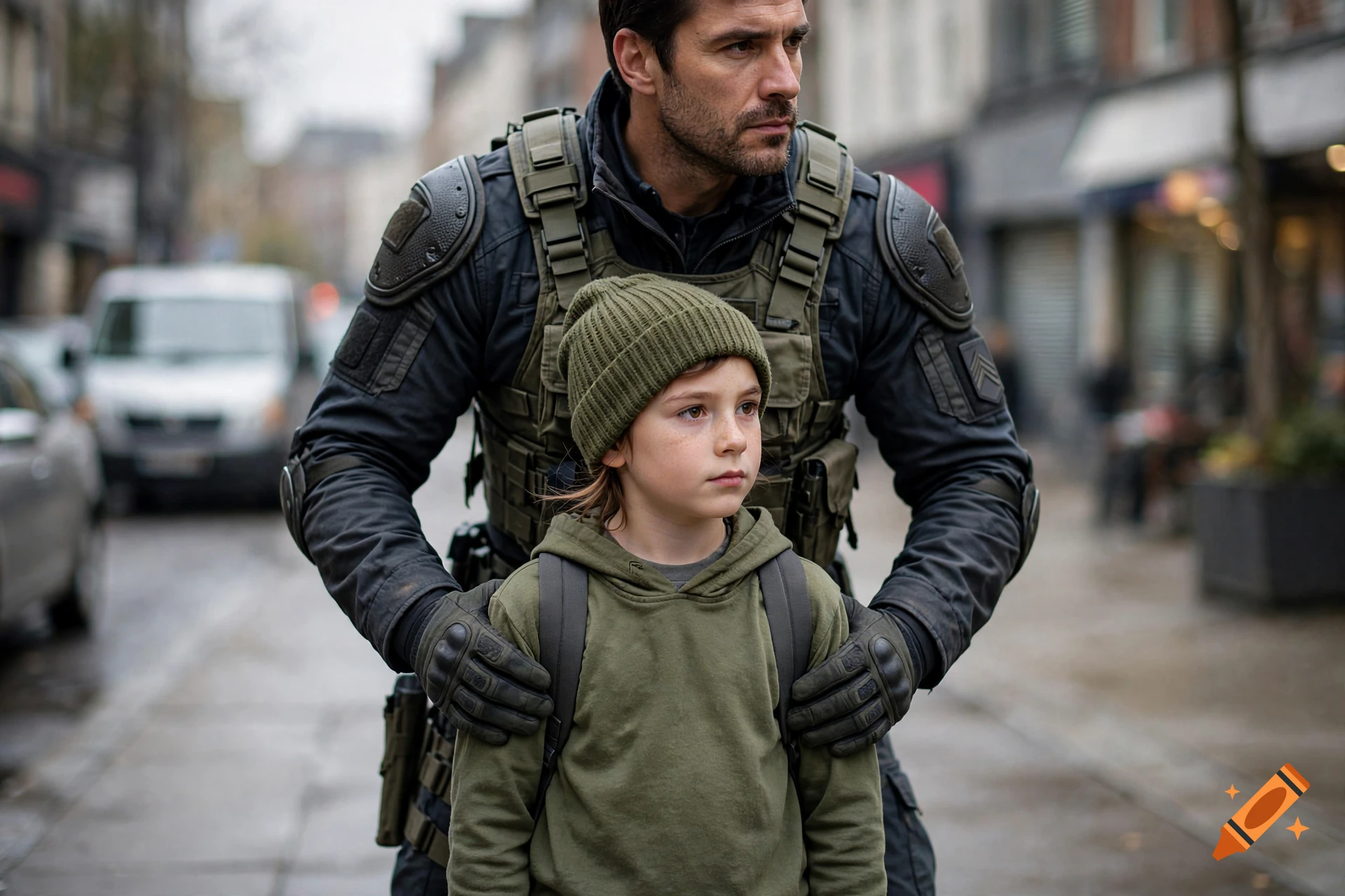 Photorealistic image of a tactical soldier guarding a young child wearing a green beanie on an urban street.