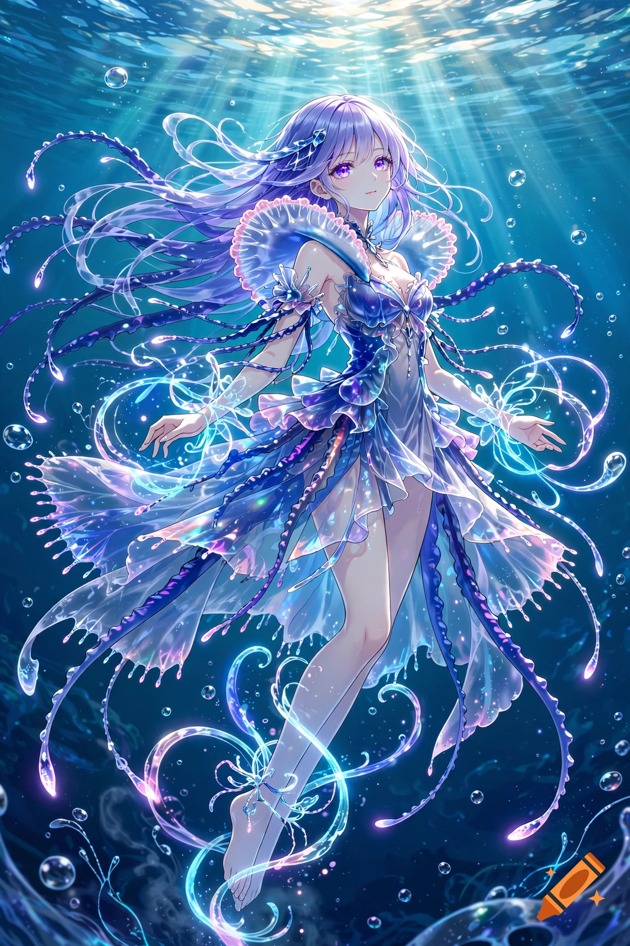 Anime style illustration of a young woman with purple hair and a blue translucent jellyfish dress floating underwater.
