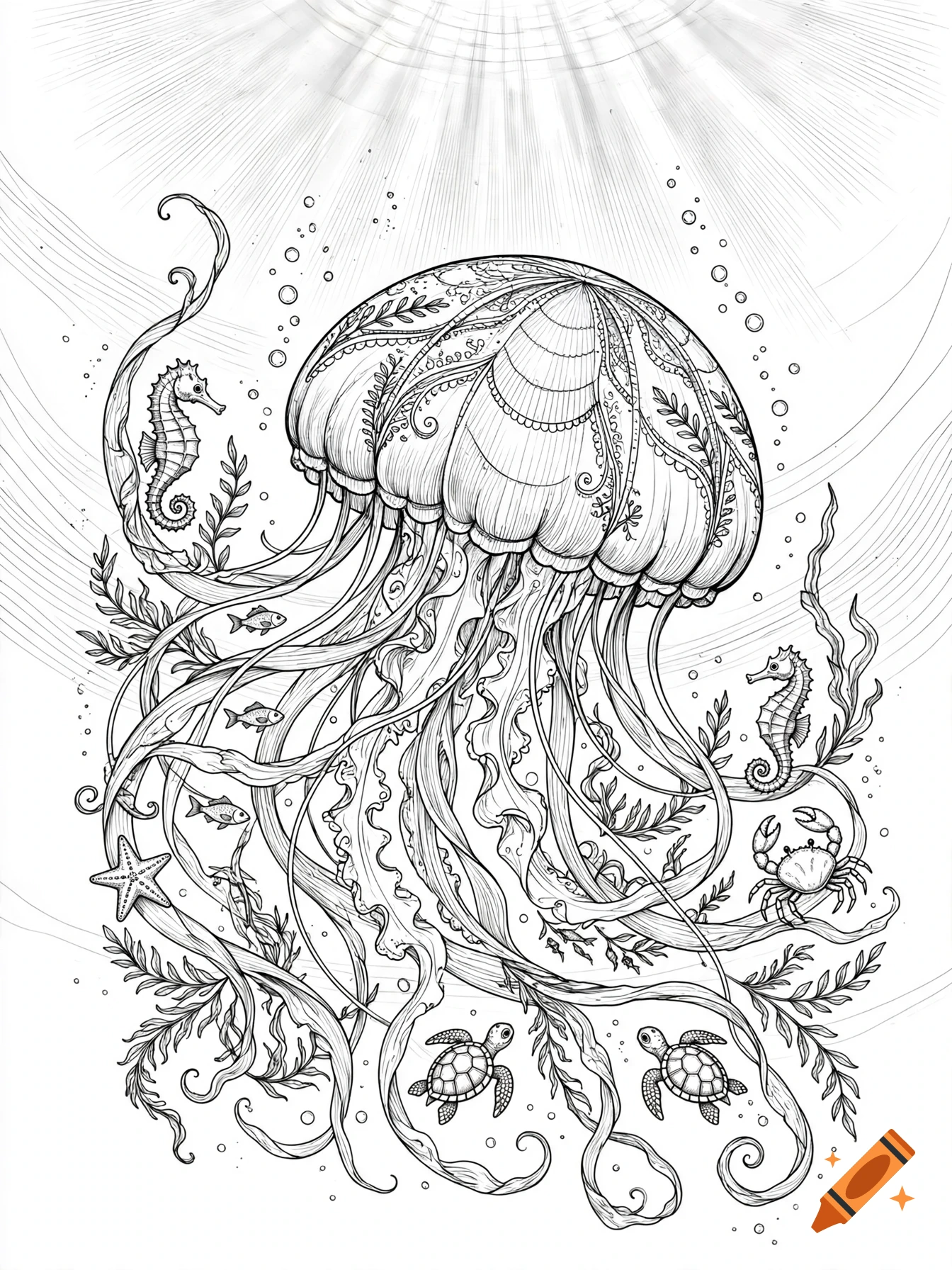 Detailed black and white line drawing of a large jellyfish surrounded by sea animals like seahorses, fish, and turtles.