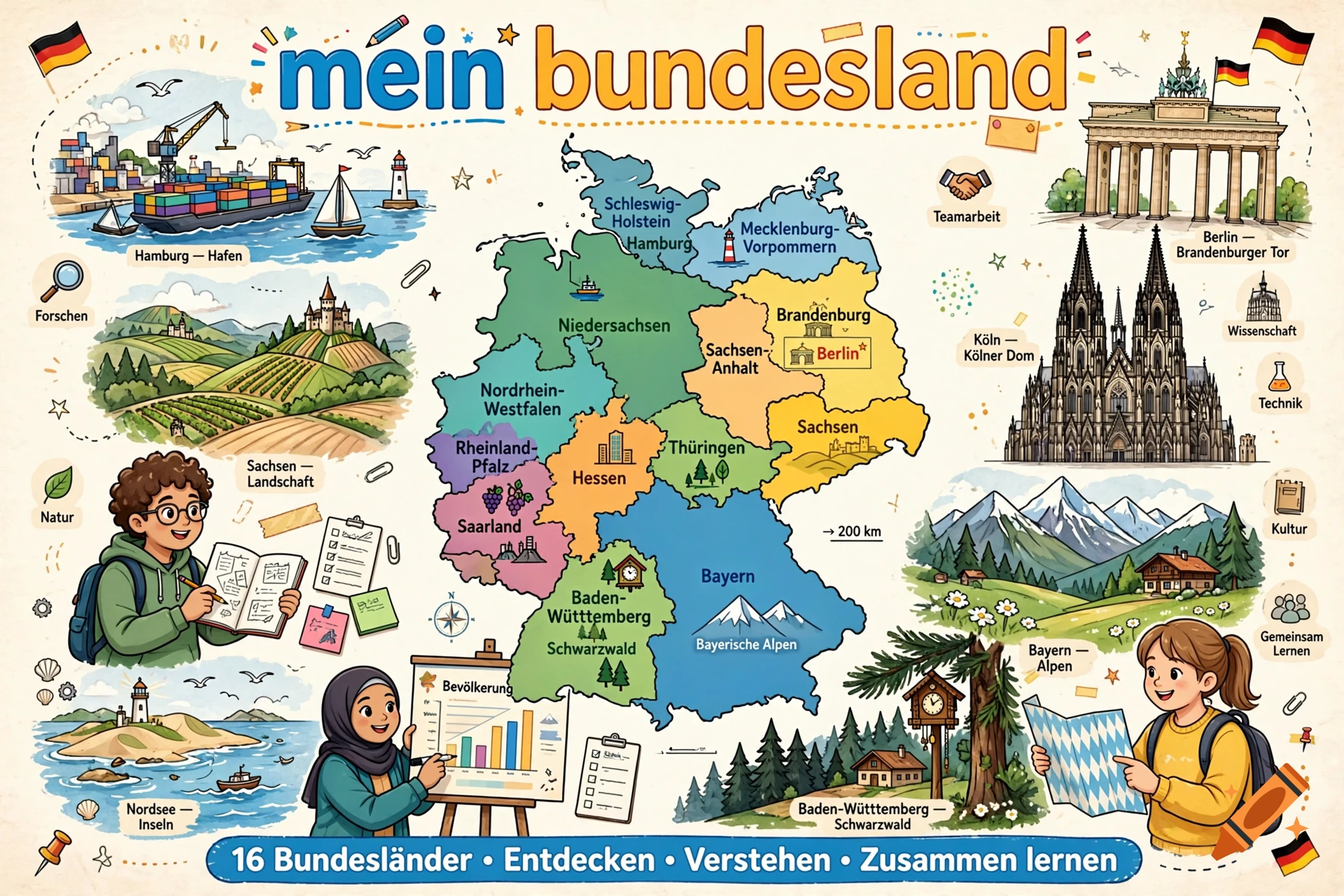 Educational cartoon illustration of a map of Germany with federal states, landmarks, and children learning.