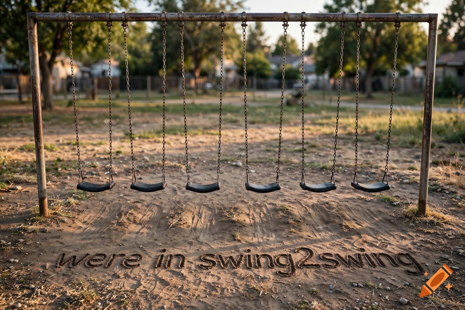 Photorealistic image of six metal swings at a playground with the phrase 'were in swing2swing' written in the dirt.