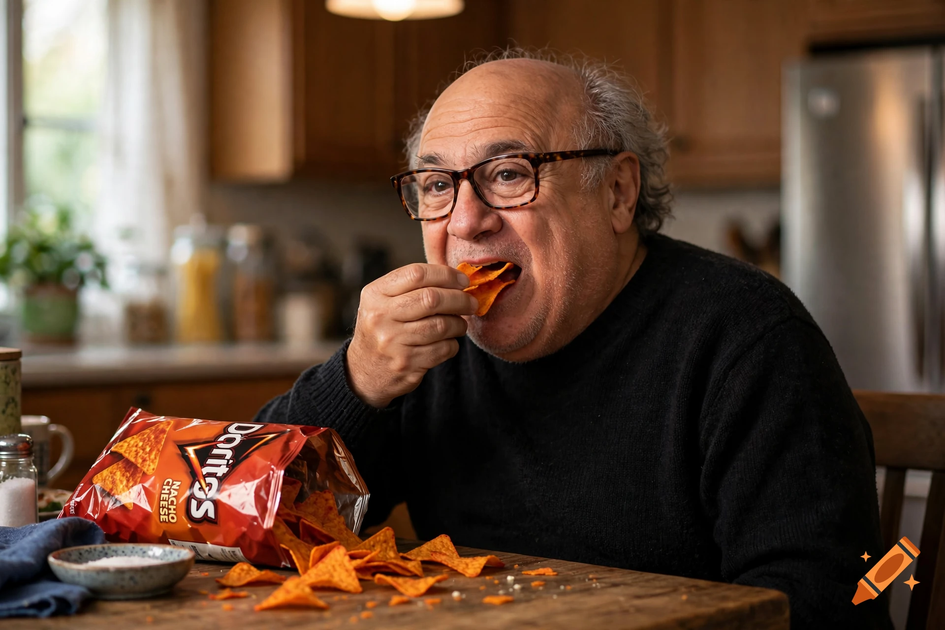 Photorealistic image of Danny DeVito wearing glasses and eating Doritos in a kitchen.