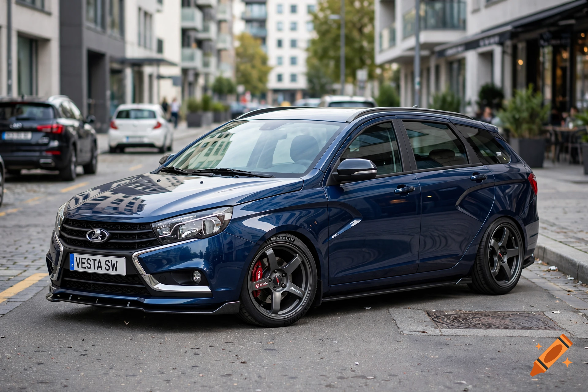 Photorealistic image of a tuned dark blue Lada Vesta SW parked on a city street.