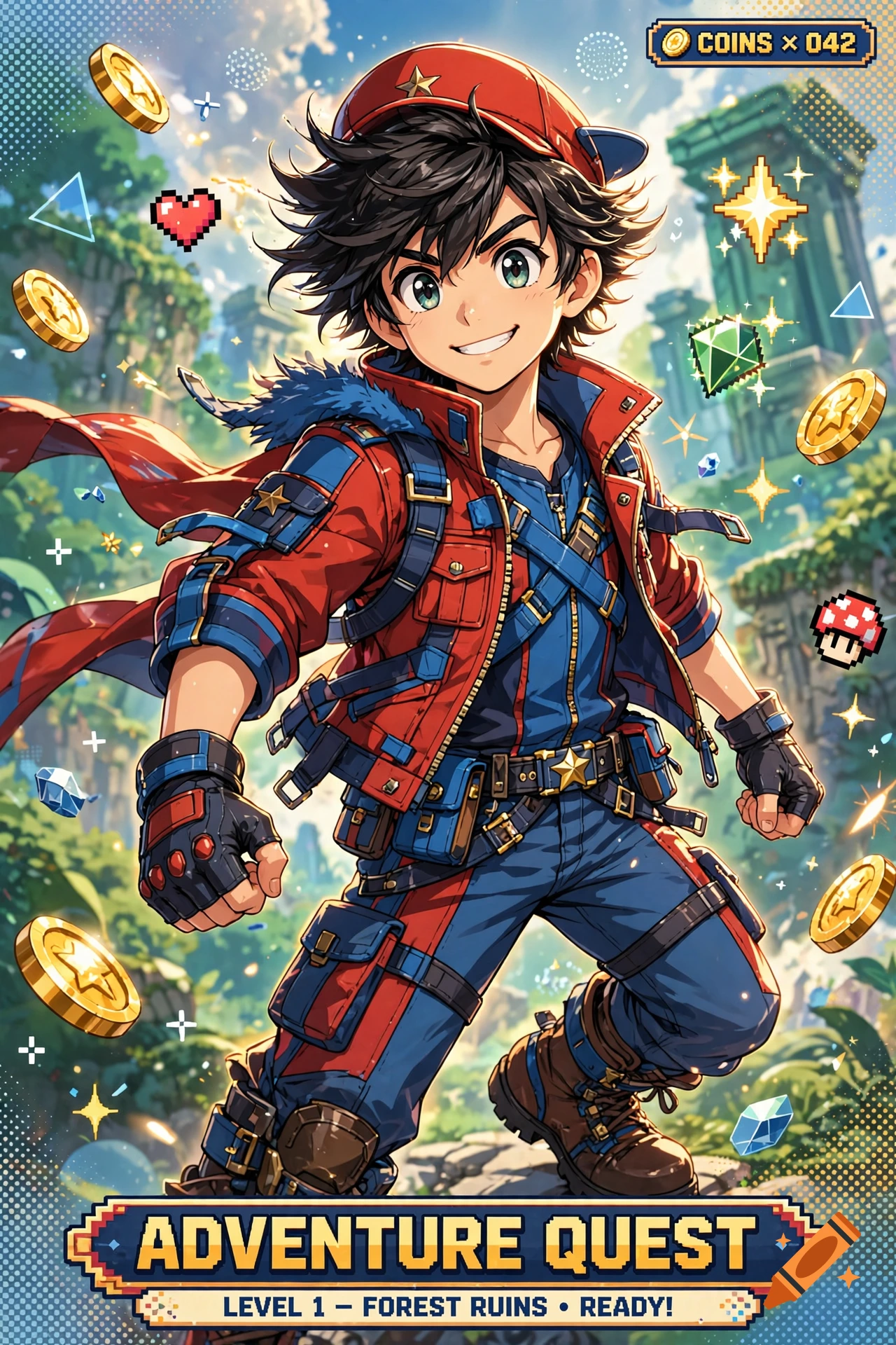 Anime style illustration of a young male adventurer in a forest ruins setting, surrounded by floating coins and gems.