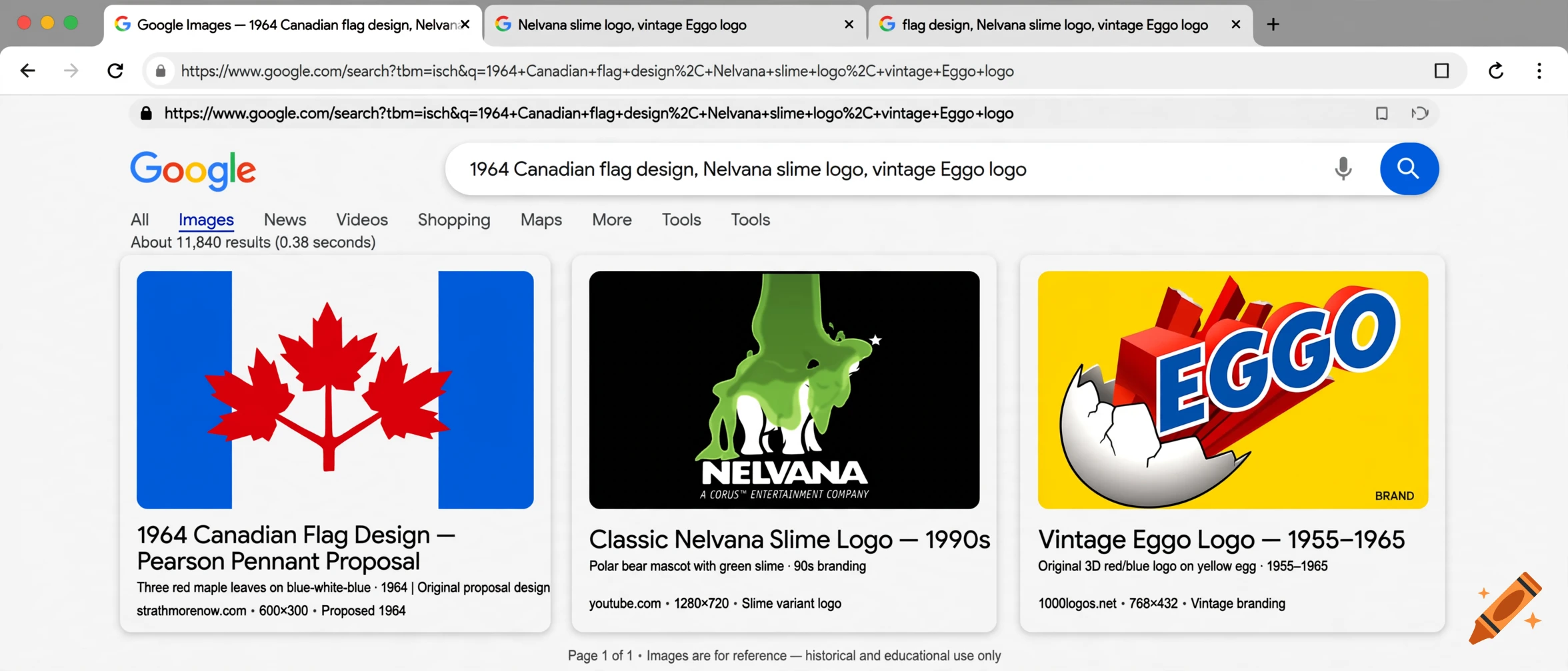 Screenshot of a Google image search interface showing three results including a Canadian flag design, a Nelvana slime logo, and a vintage Eggo logo.