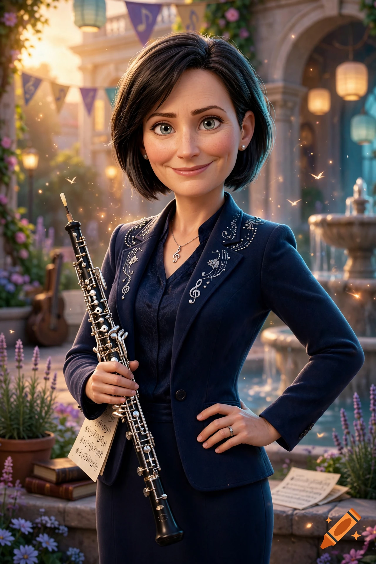 A 3D animated style portrait of a smiling woman holding an oboe outdoors in a European-style square.