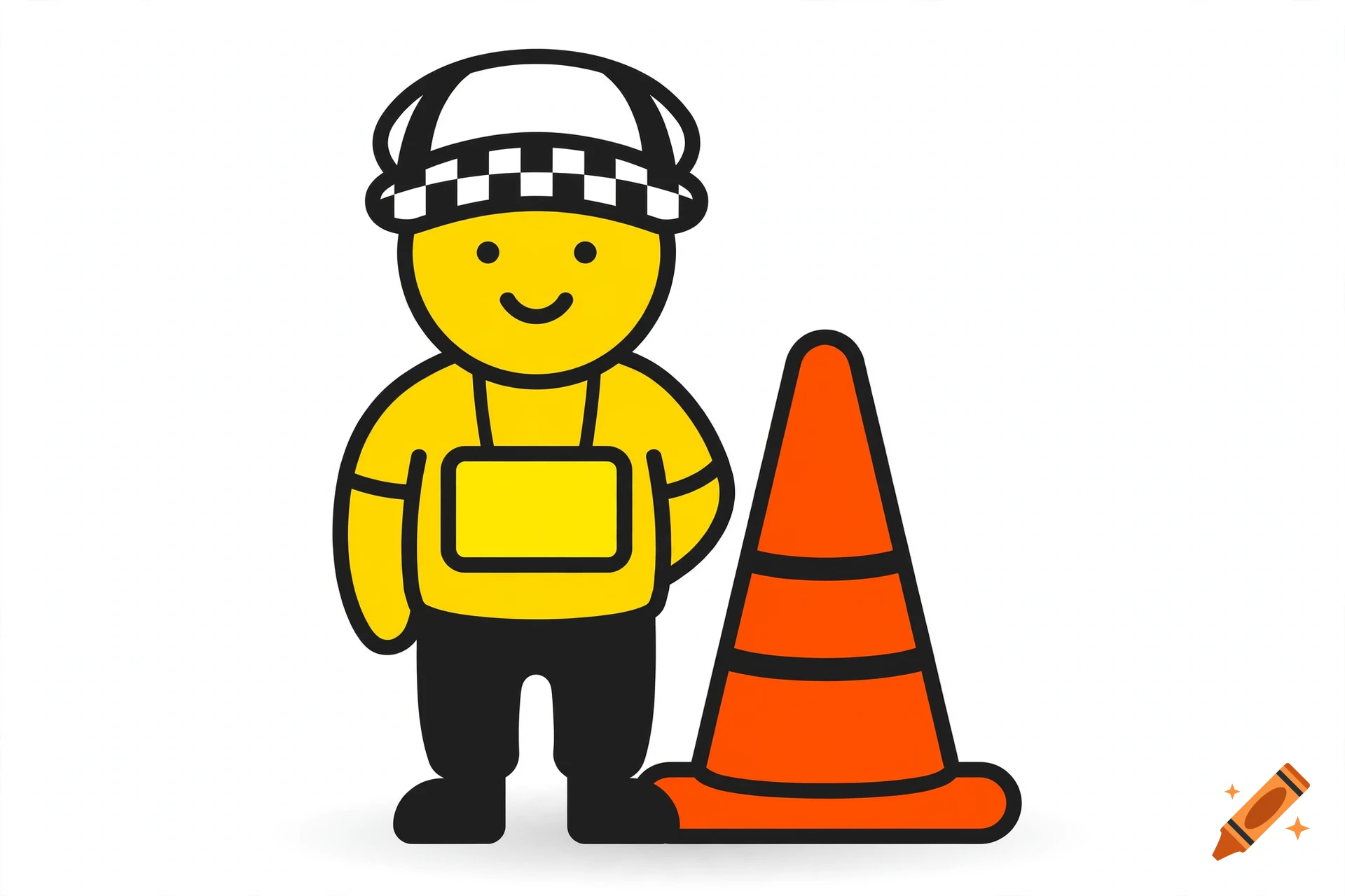 Emoji-style yellow person with a checkerboard hat and a blank sign next to an orange traffic cone.