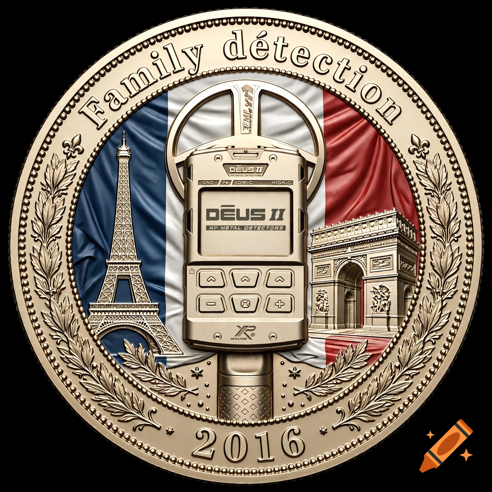A shiny golden coin featuring French landmarks, a metal detector, and the text Family detection and 2016.