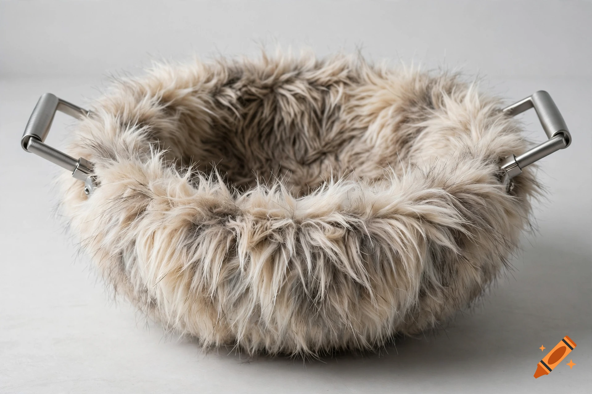 Surrealist studio photograph of a traditional wok made entirely of fluffy, long shaggy fur with metal handles, on a neutral background.