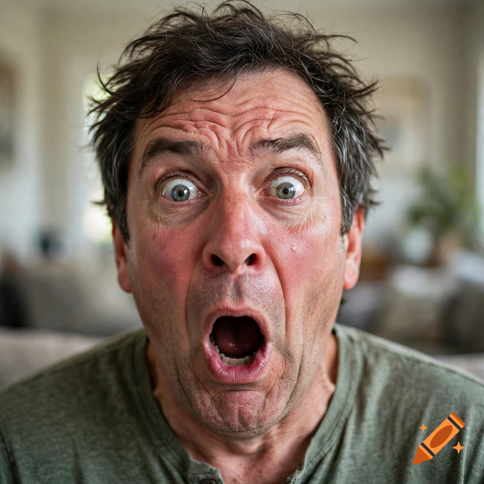Close-up photorealistic portrait of a middle-aged man with messy hair and a wide, shocked expression with mouth open.