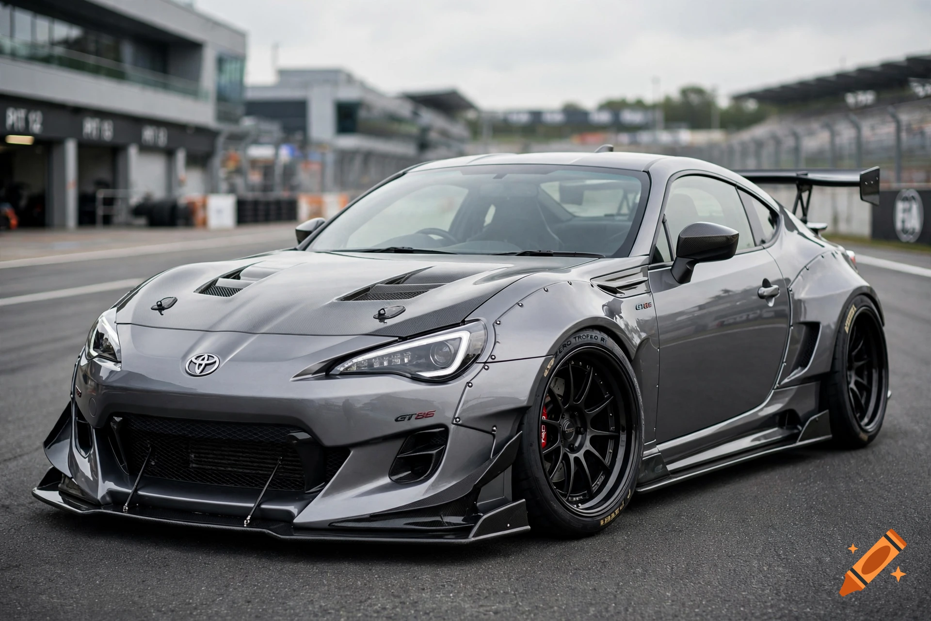 A photorealistic front-three-quarter view of a customized gray Toyota GT86 sports car parked on a racetrack pit lane.