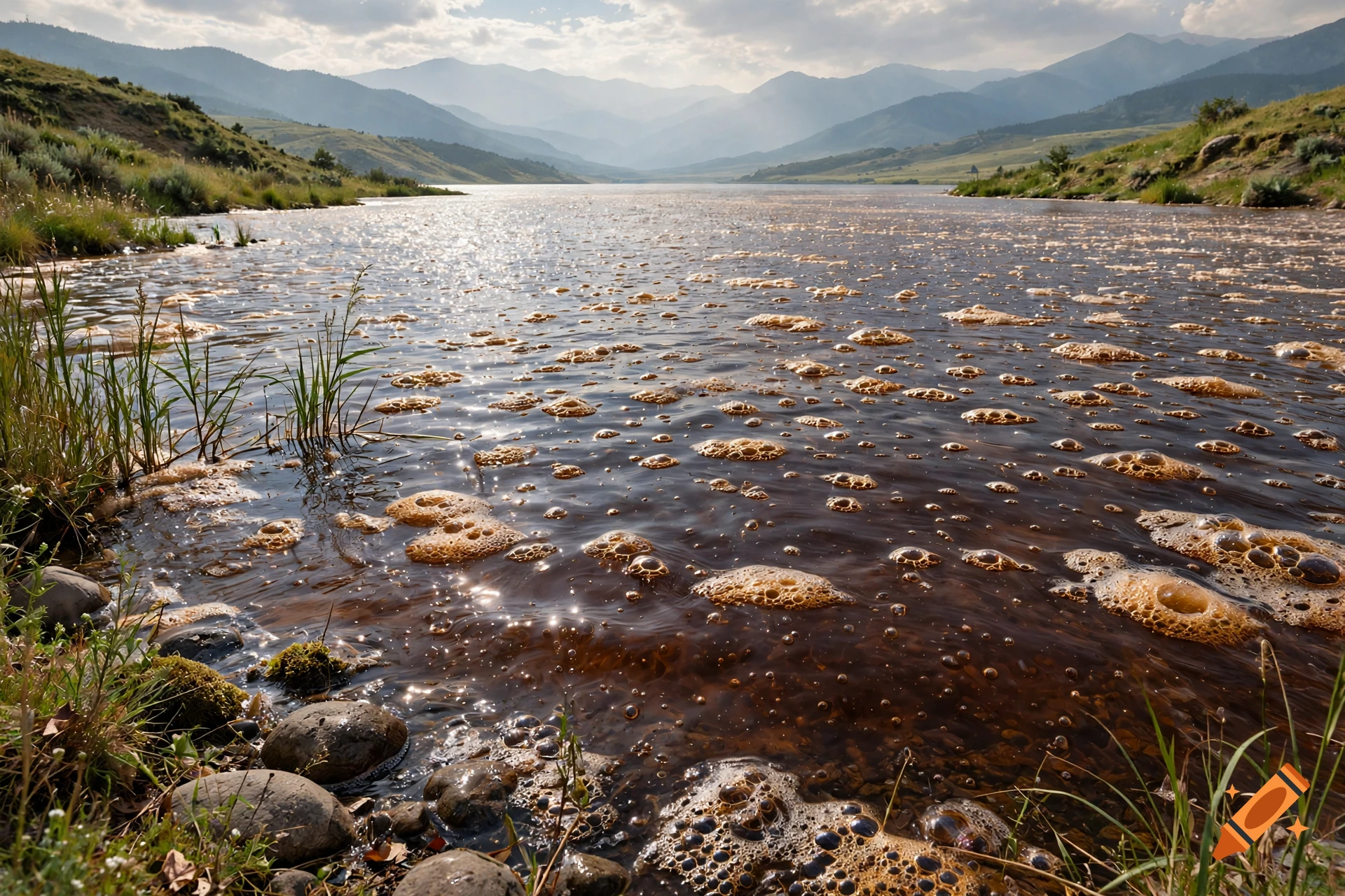 Photorealistic landscape of a lake with brown bubbly water, surrounded by grassy banks and distant hazy mountains.