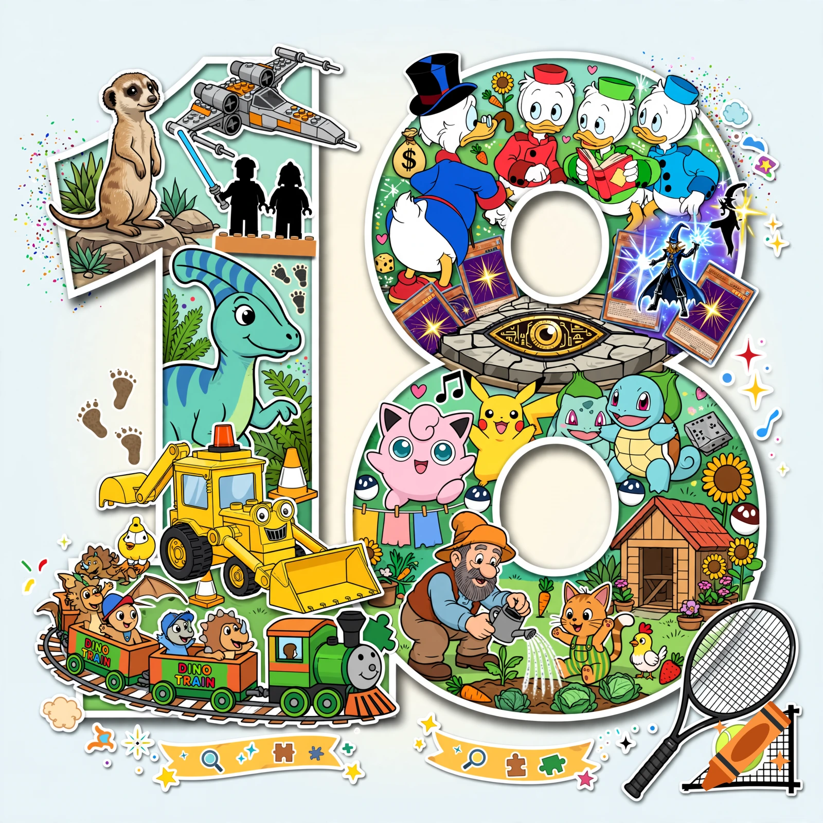 Colorful collage illustration forming the number 18 featuring various cartoon characters, dinosaurs, Lego Star Wars, and objects.