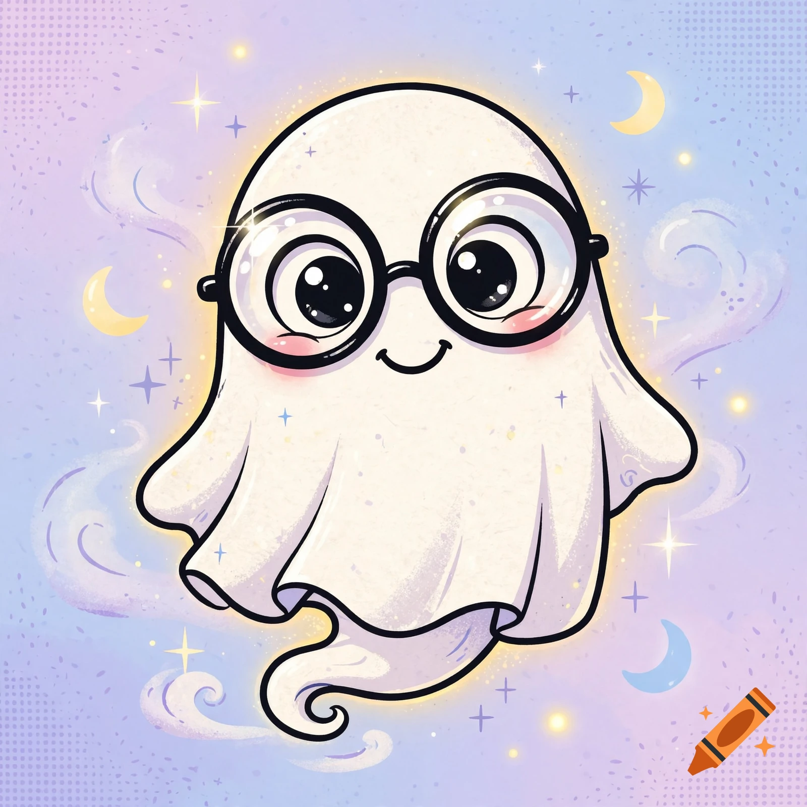 Cute cartoon ghost wearing round glasses, surrounded by stars and crescent moons on a pastel purple background.