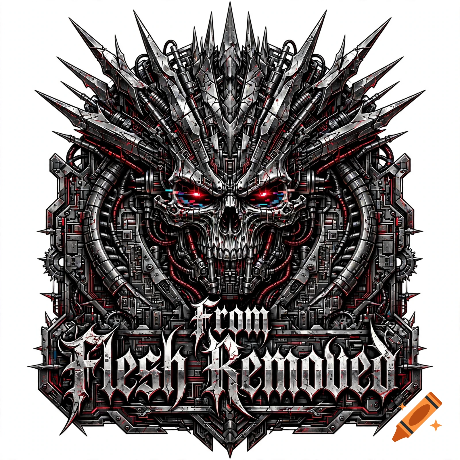 Cyberpunk heavy metal band logo featuring a robotic skull with glowing red eyes and metallic spikes, with the text From Flesh Removed.