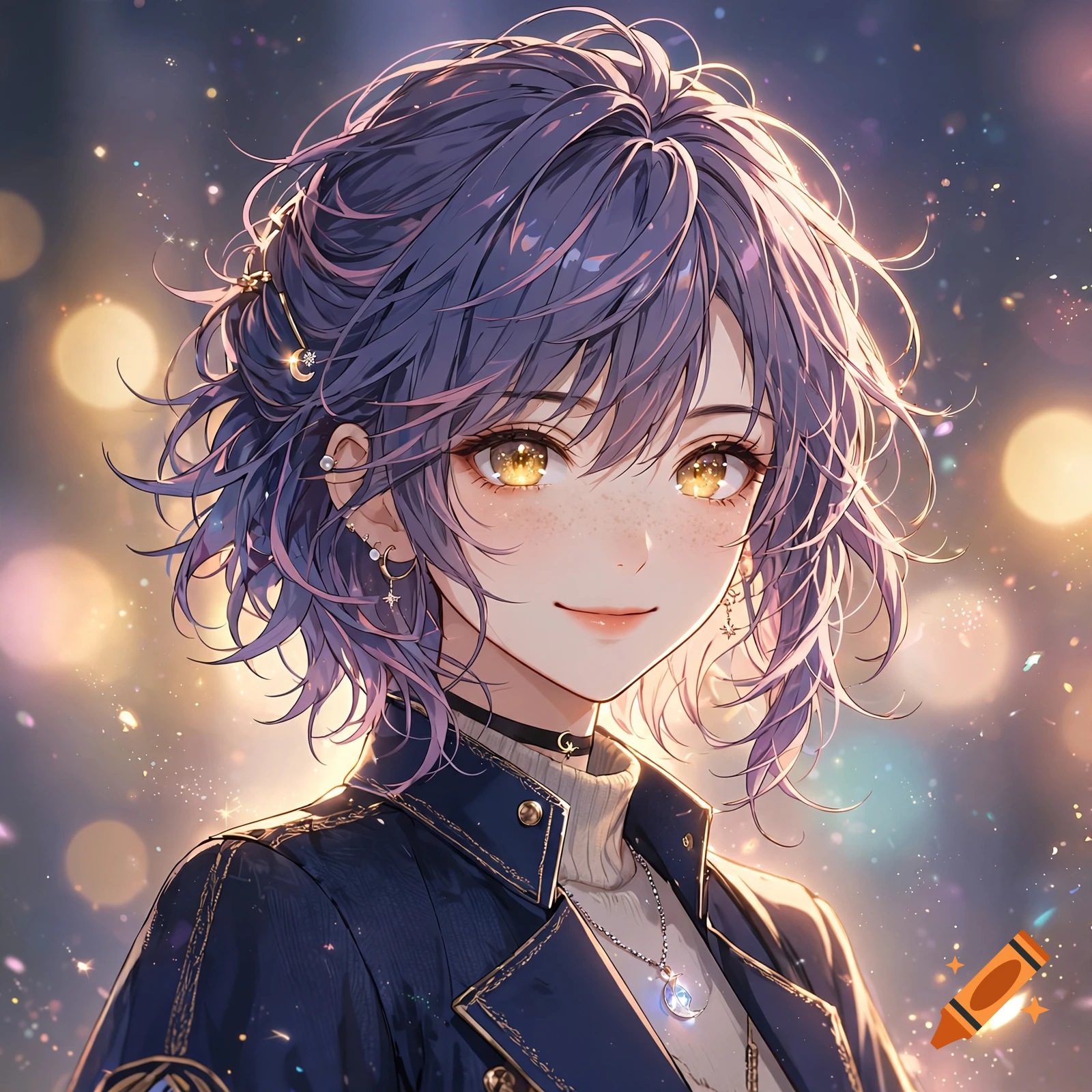 Anime style portrait of a person with short purple hair and golden eyes, wearing a dark blue jacket.
