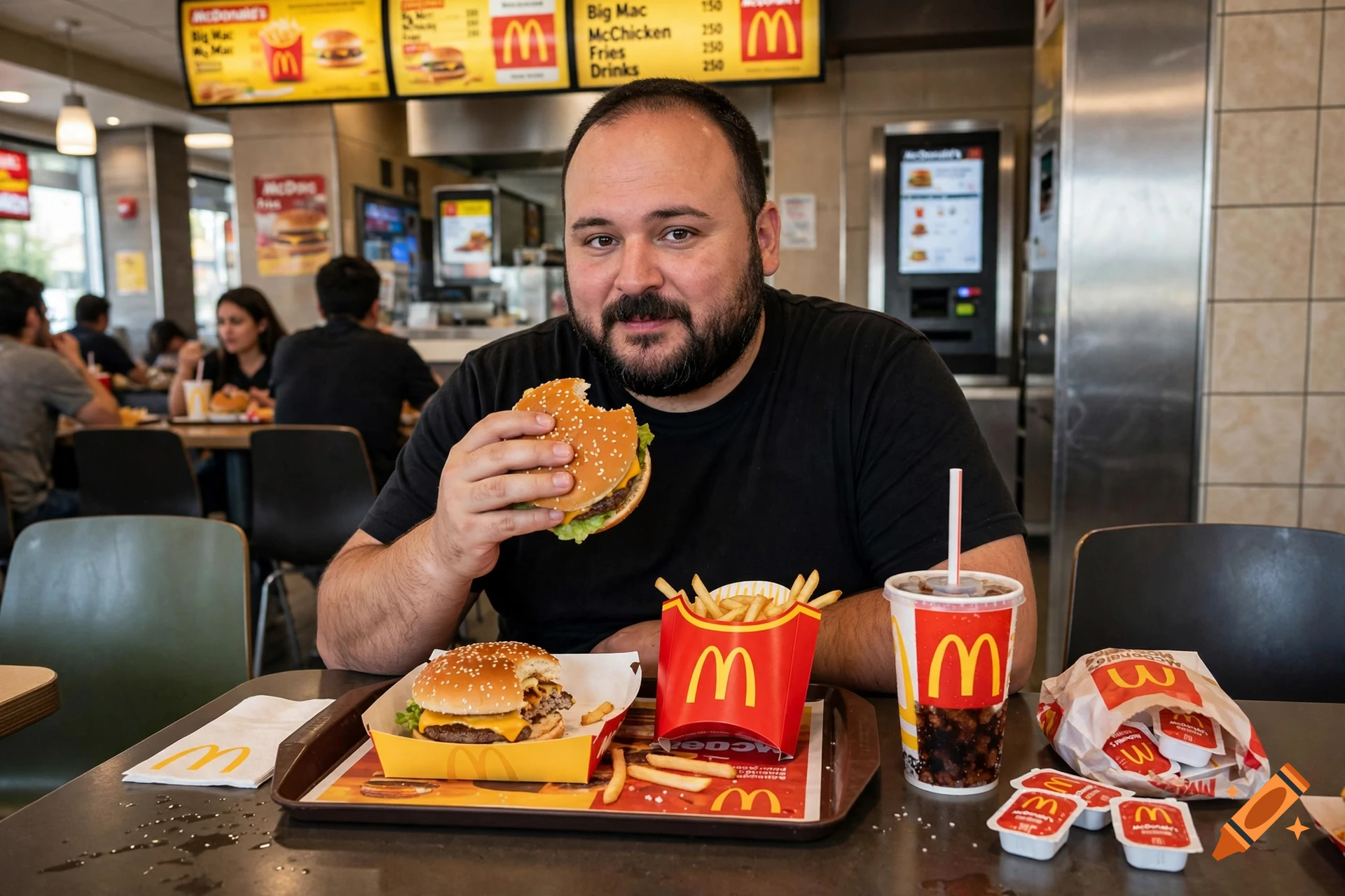 Photorealistic image of comedian Stavros Halkias eating a McDonald's burger and fries in a fast-food restaurant.