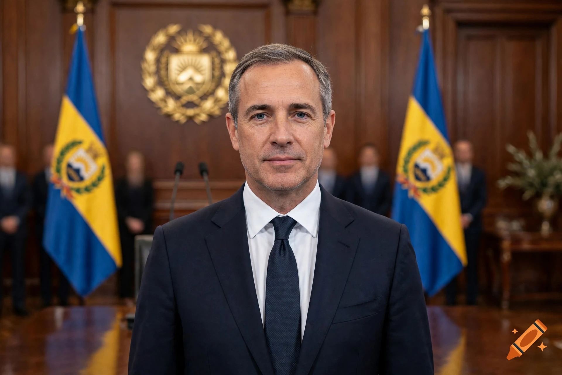 Photorealistic portrait of a middle-aged male politician in a suit standing in front of flags and wooden paneling.