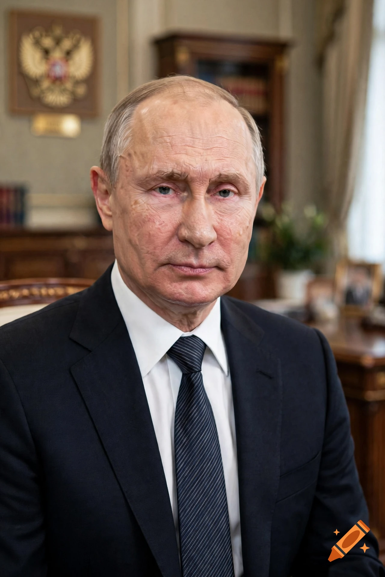 Portrait of Vladimir Putin in a suit sitting at an office desk.