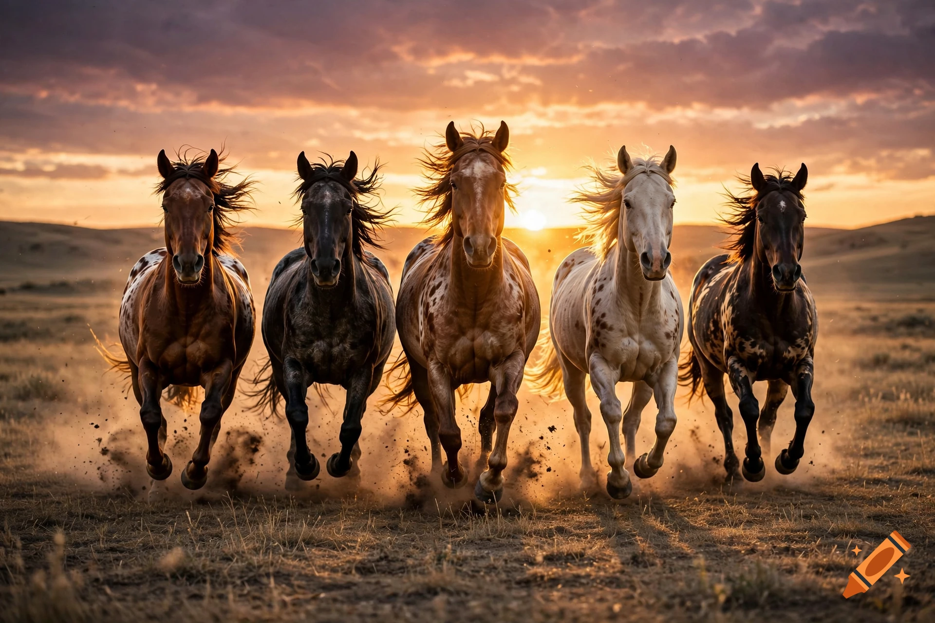Five spotted mustangs gallop together across a grassy plain during a vibrant sunset.