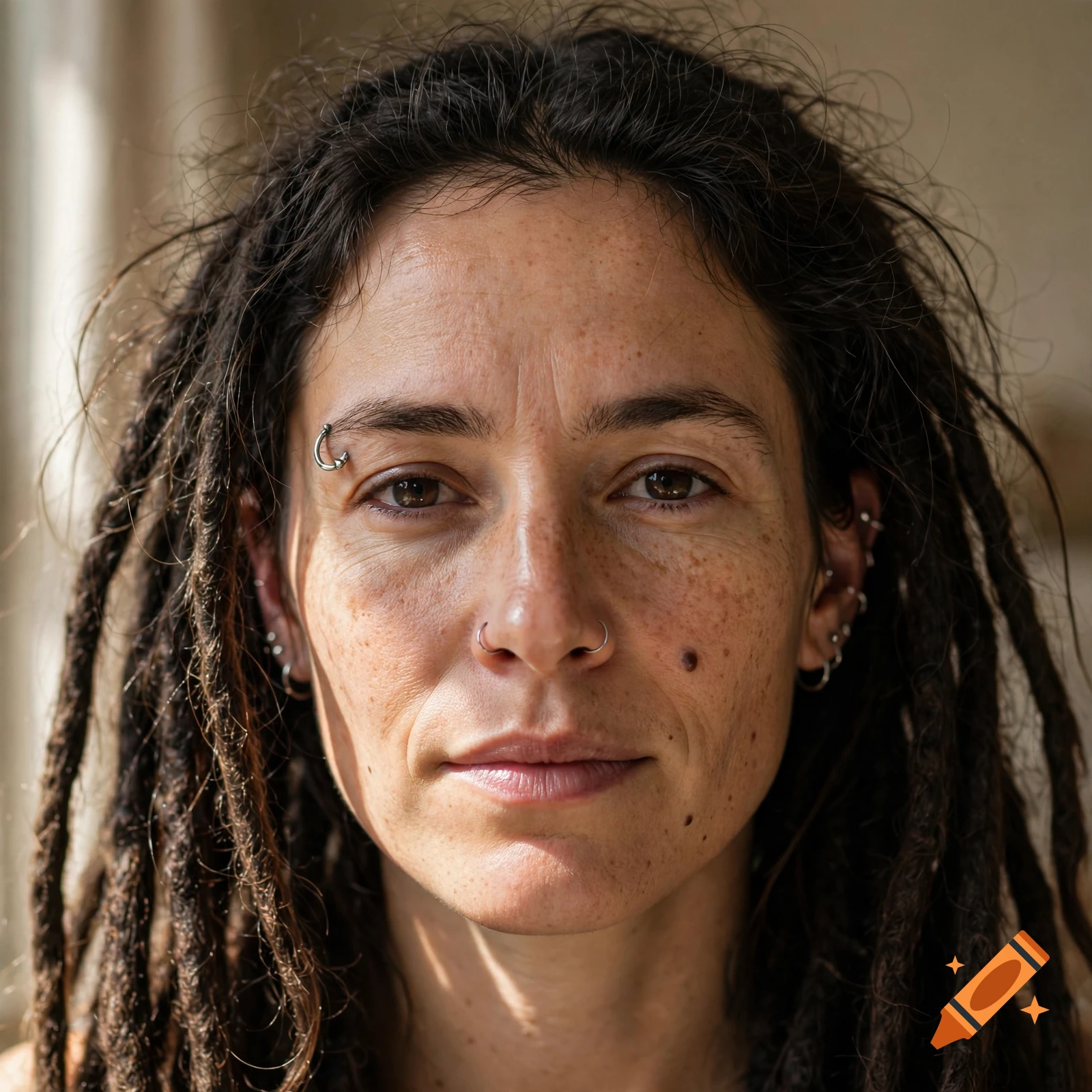 Close-up photorealistic portrait of a person with dreadlocks, facial piercings, and freckles.