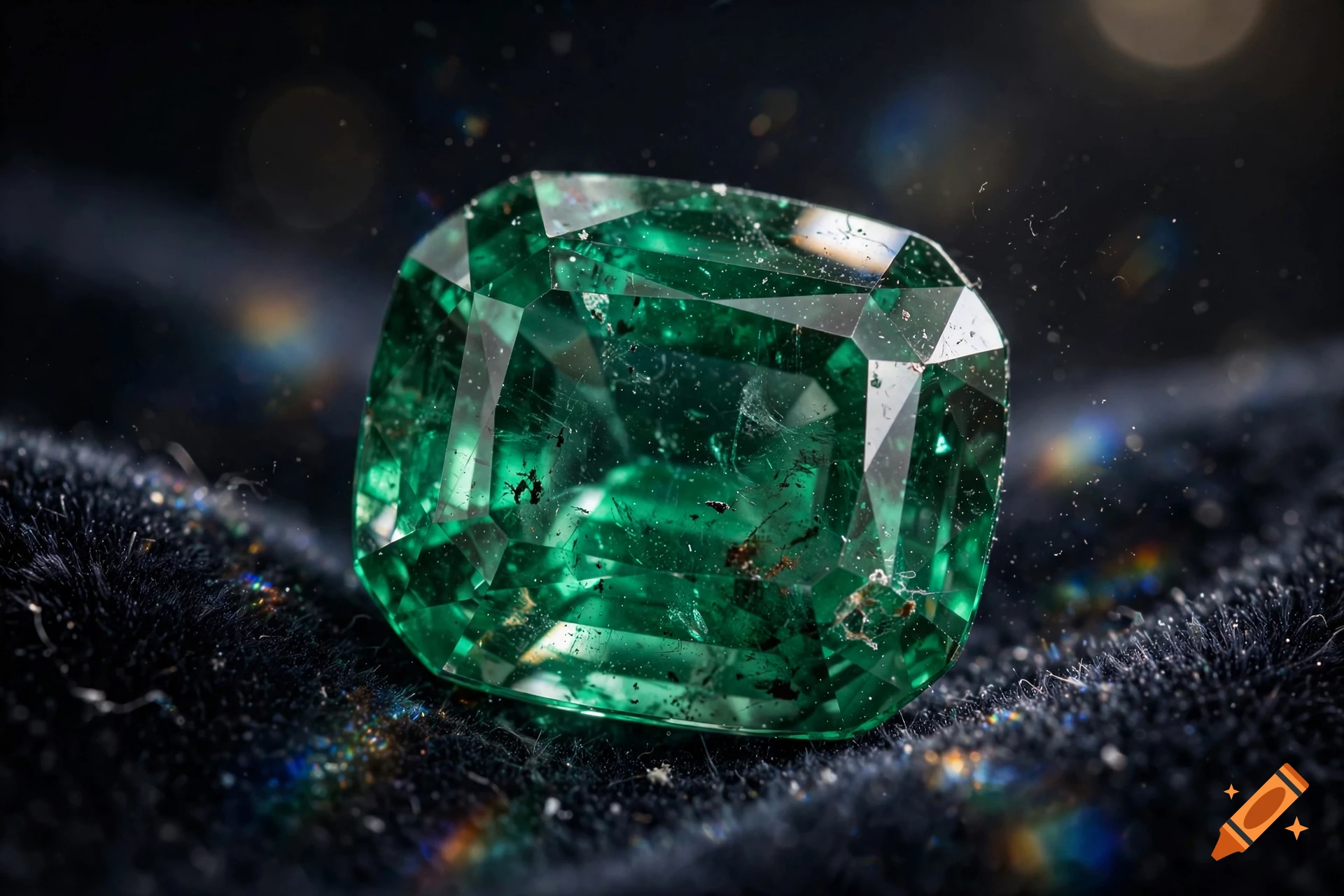 Close-up photorealistic image of a sparkling emerald gemstone resting on dark velvet fabric.