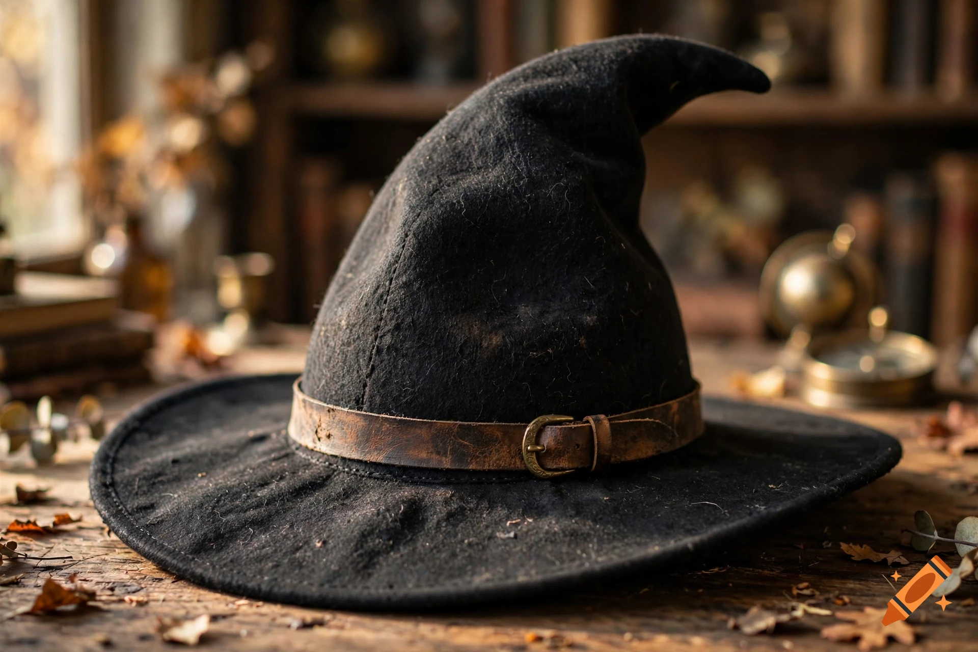Photorealistic close-up of a dark felt witch hat with a leather belt resting on a rustic wooden table.