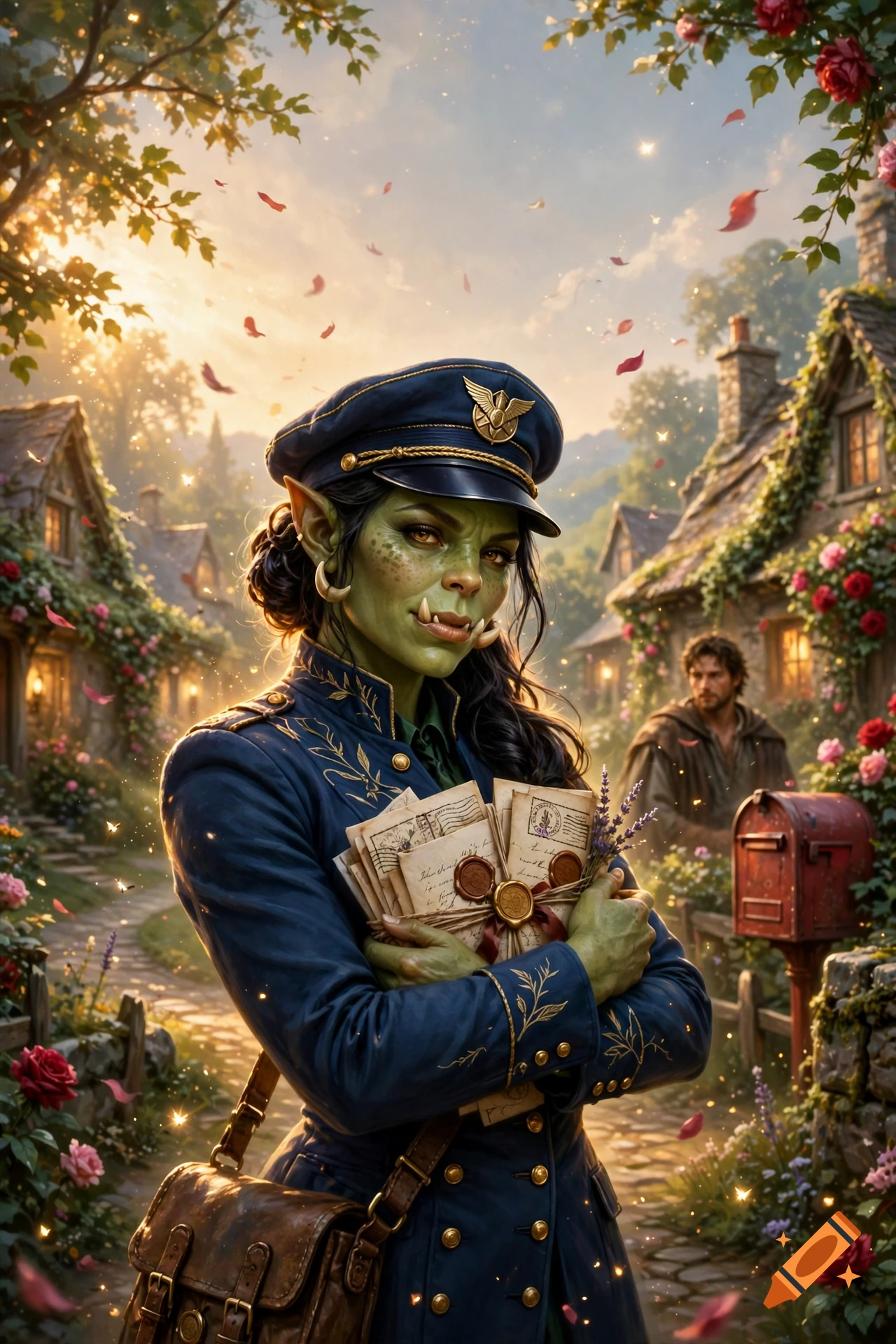 An orc woman dressed as a mailwoman holding letters, standing in a whimsical village street with a romance book cover aesthetic.