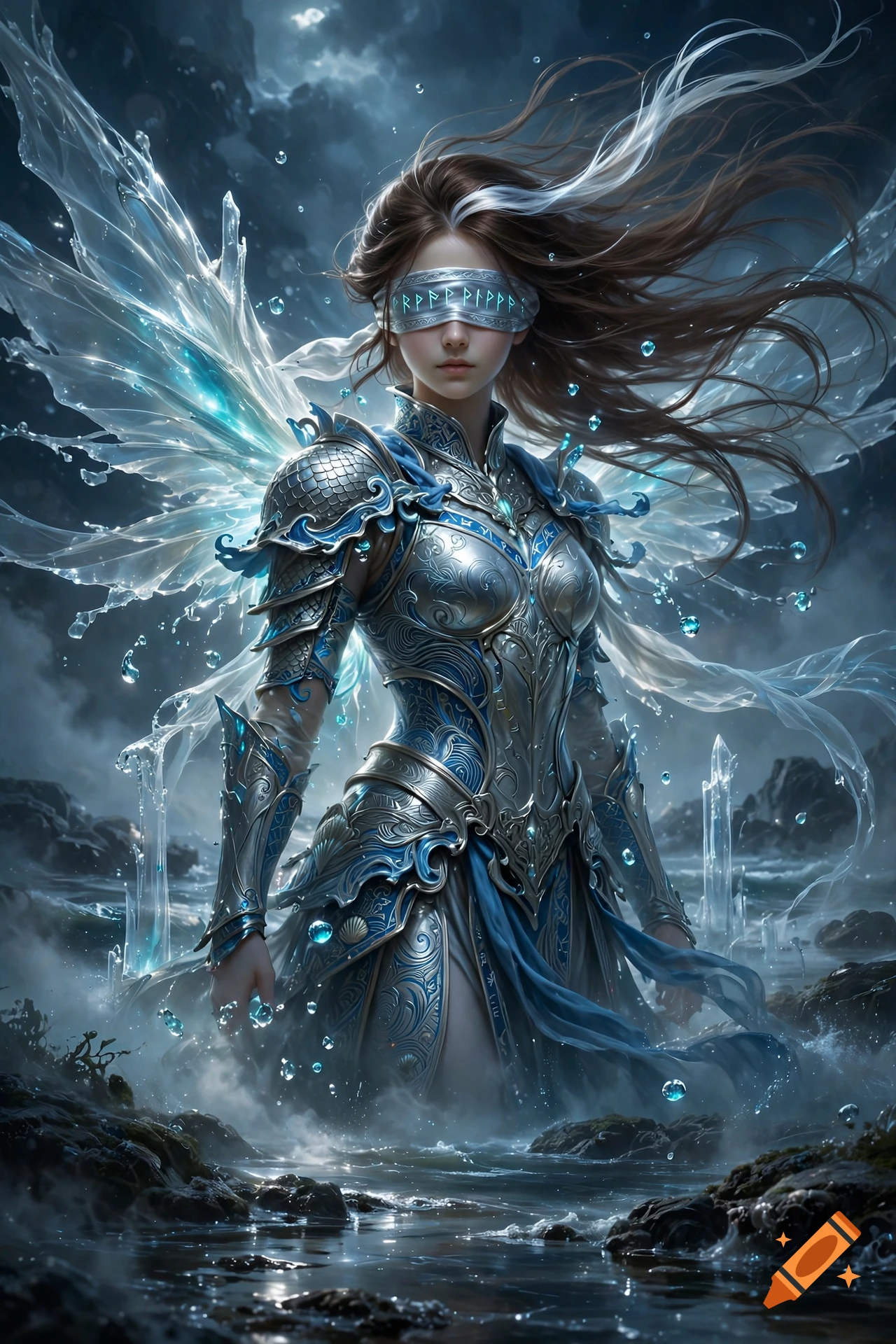 A blindfolded female water goddess in ornate silver armor with glowing crystal wings, standing in a misty body of water with runes on her headband.