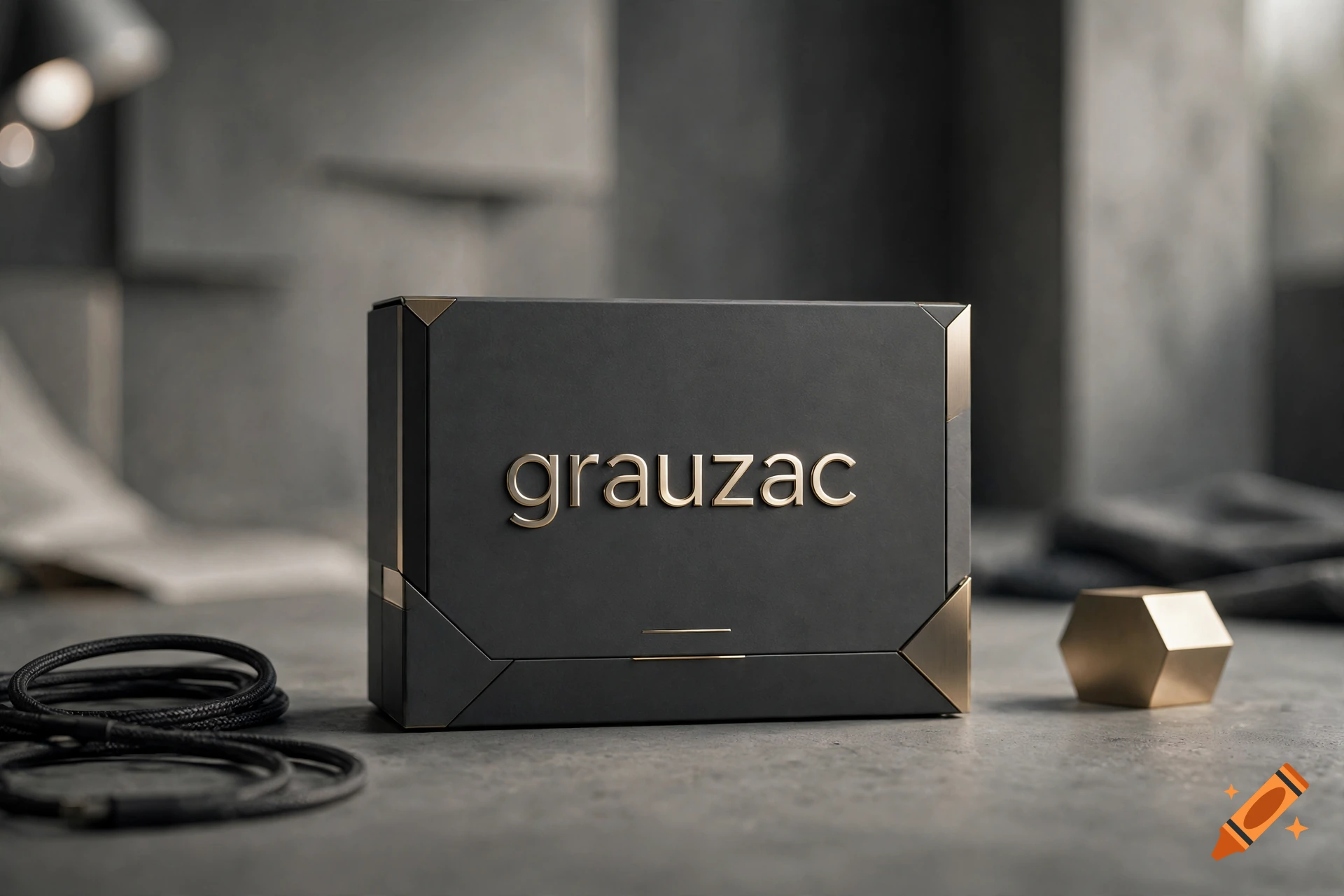 A photorealistic product box in black and gold with the text 'grauzac' on the front, set on a grey surface.