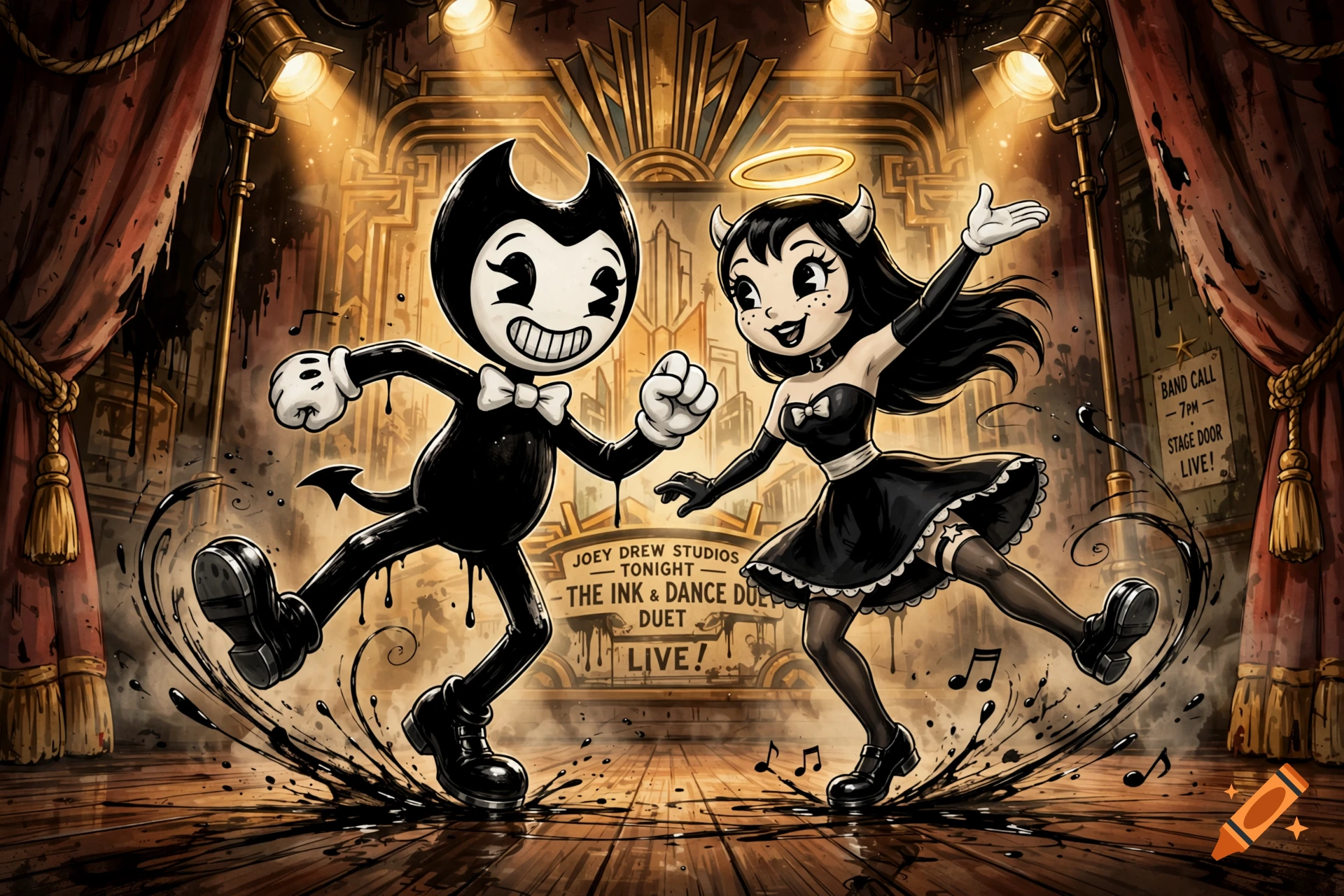 Bendy and Alice Angel tap dancing on a stage with ink splashes, in vintage cartoon style.