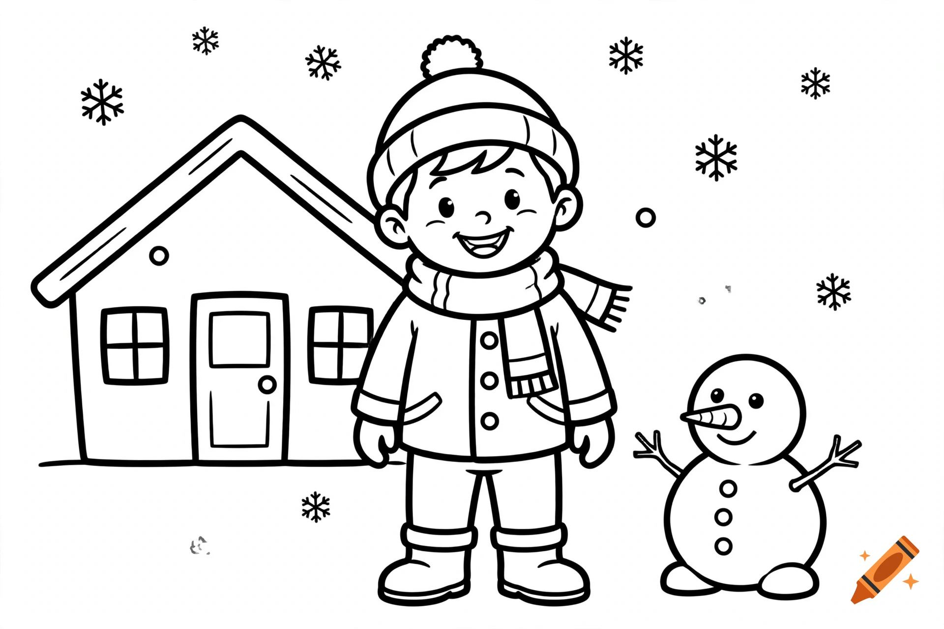 A black and white children coloring book page featuring a boy in a winter coat, a small house, a snowman, and falling snowflakes.