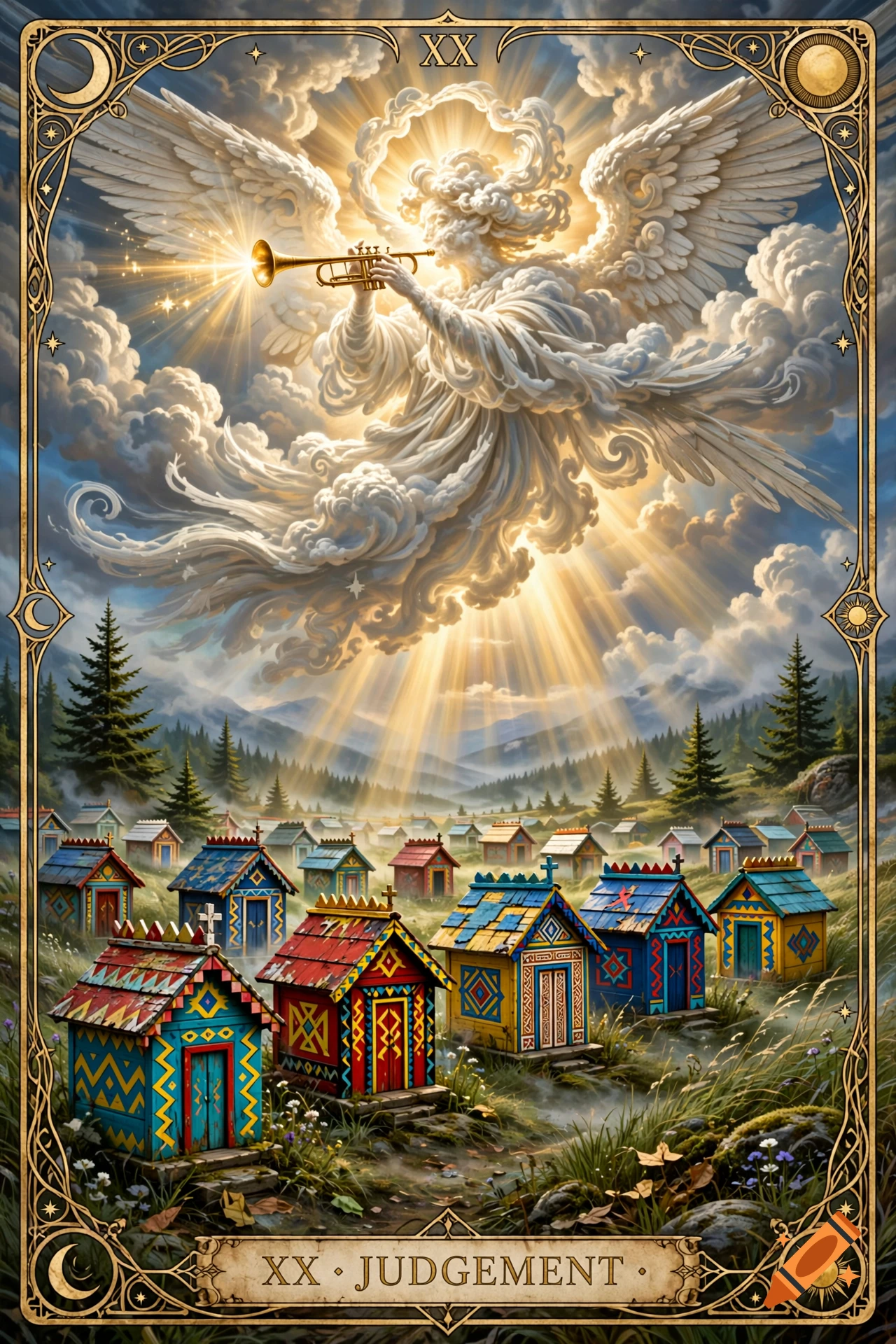 Tarot card style illustration of an angel made of clouds blowing a trumpet over a colorful village with spirit houses.