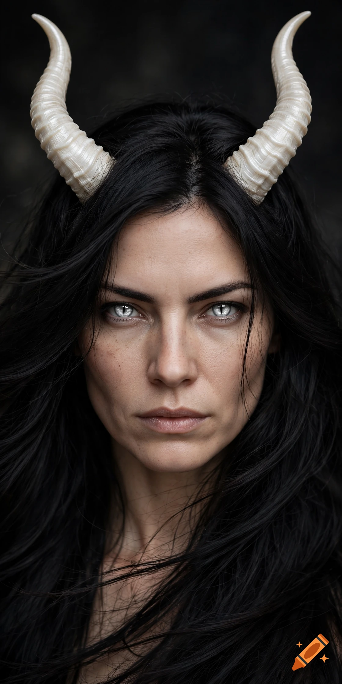 Photorealistic close-up portrait of a woman with long black hair, white horns, and silver cat-like eyes.