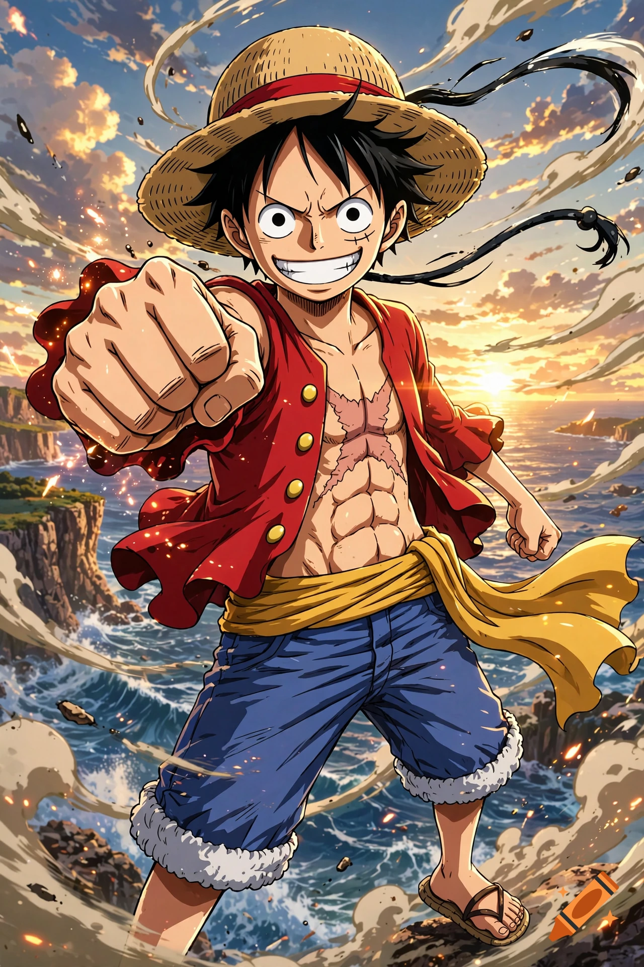Anime illustration of Monkey D. Luffy with a straw hat and red vest, striking a fist-forward pose against an ocean sunset.