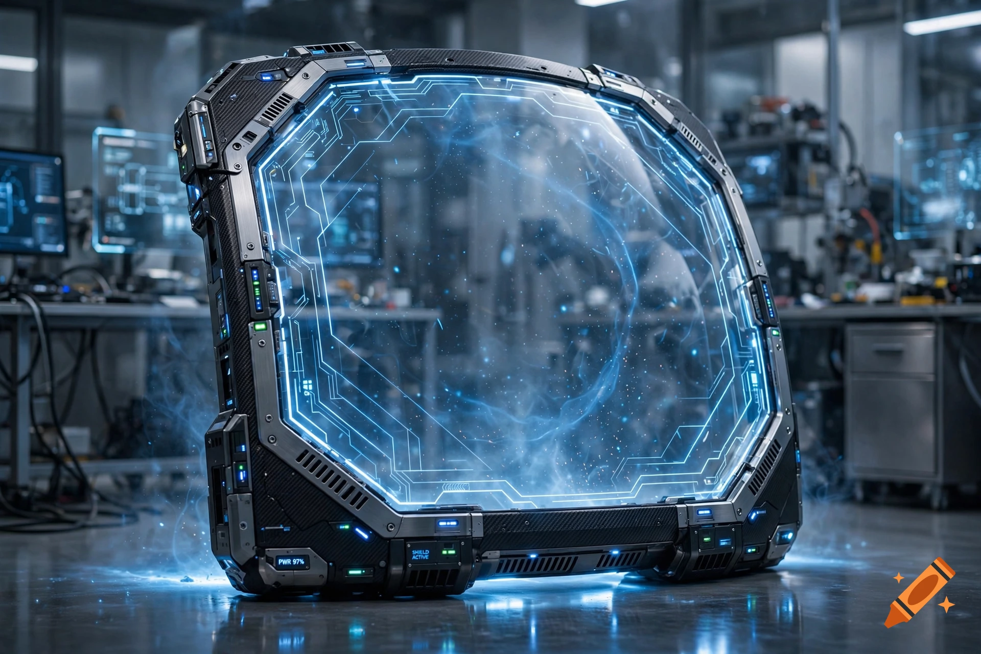 Photorealistic image of a futuristic, high-tech light shield with glowing blue circuits in a laboratory setting.