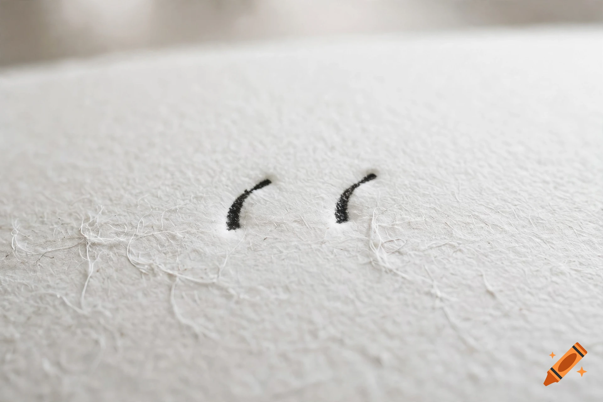 Macro view of textured white handmade paper with two small black curved marks.