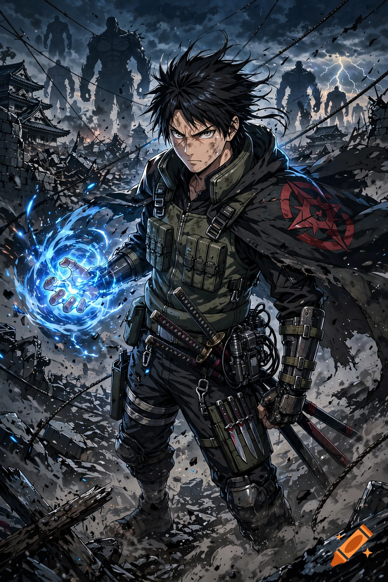 Anime style illustration of a male hero with dark hair casting blue magic from his hand amidst a ruined city and giant figures in the background.