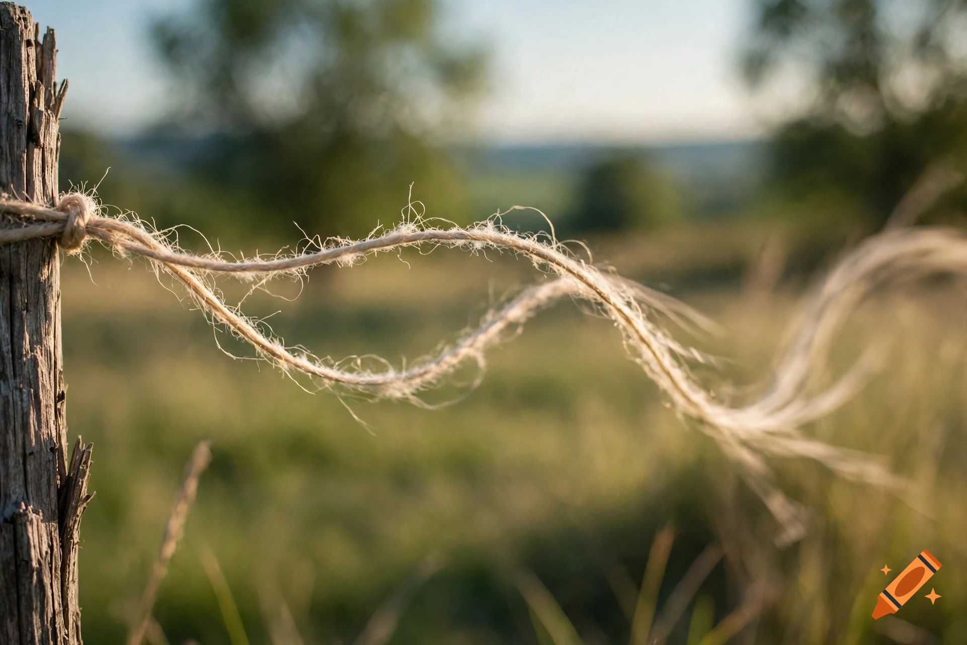 Close-up of a weathered wooden fence post with a piece of frayed, blowing string attached, set against a blurred green field.