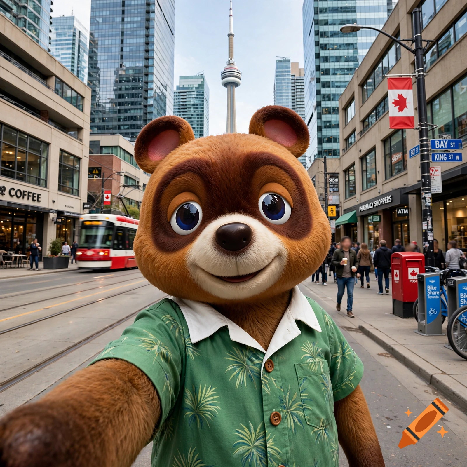 A photorealistic selfie of Tom Nook in front of the CN Tower in Toronto, with a streetcar and buildings in the background.