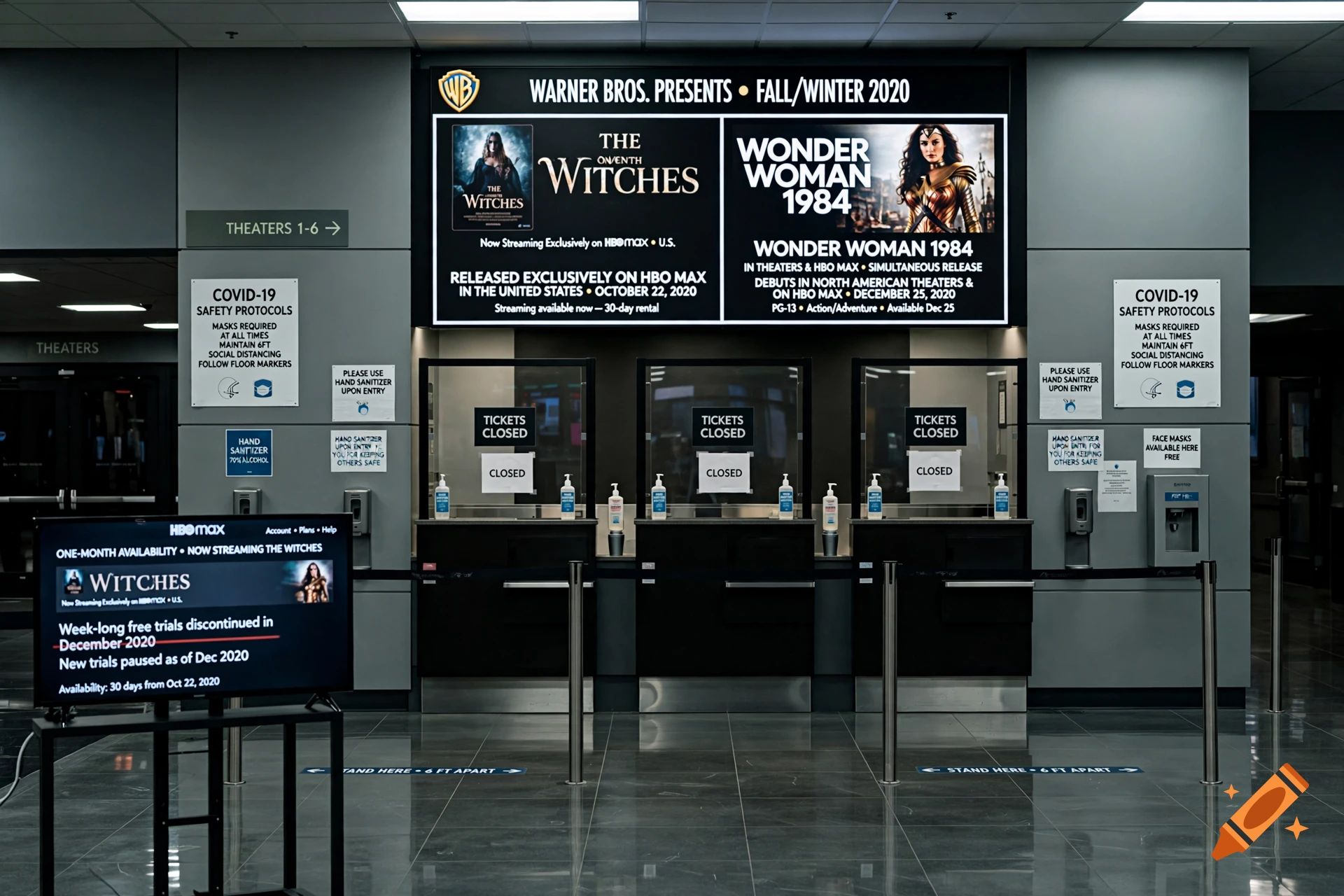 Movie theater ticket counter with promotional displays for The Witches and Wonder Woman 1984 on HBO Max, with COVID-19 safety signage.