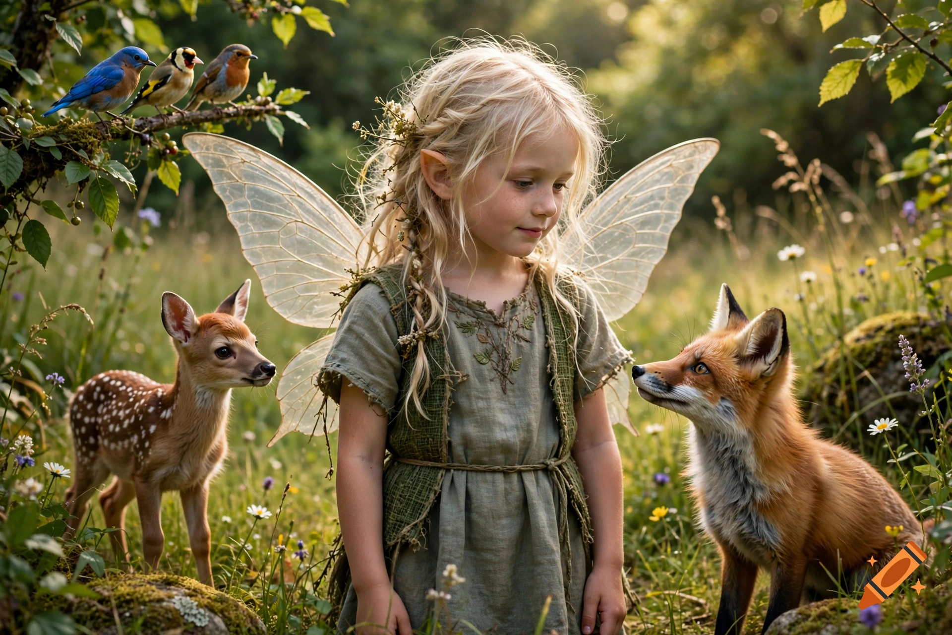 Photorealistic image of a young blonde girl with translucent fairy wings and pointed ears standing in a sunlit meadow, surrounded by forest animals and birds.