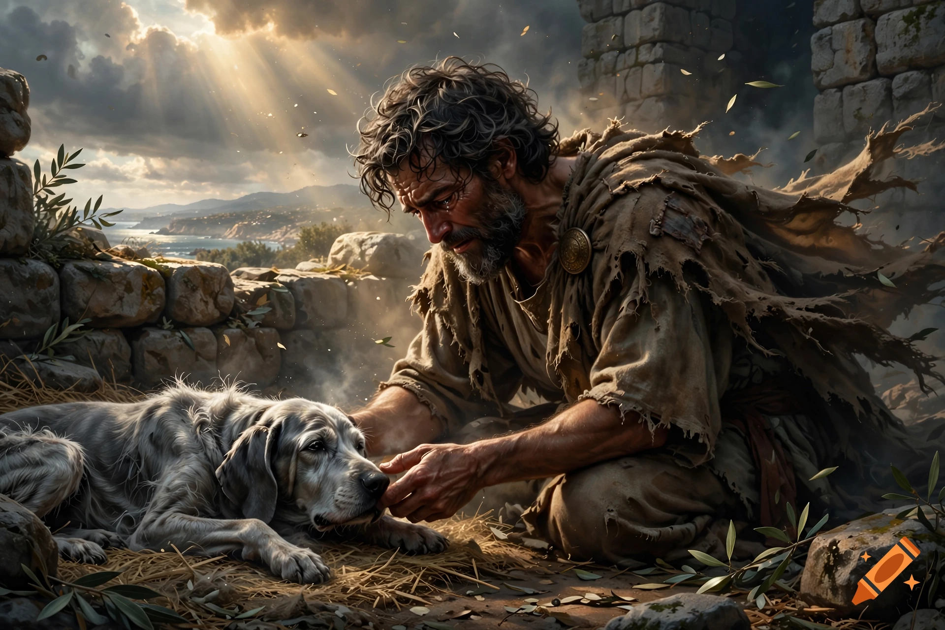 An older man in worn tunic kneels in grief next to his dying dog amid ruins and sunlight, digital illustration.