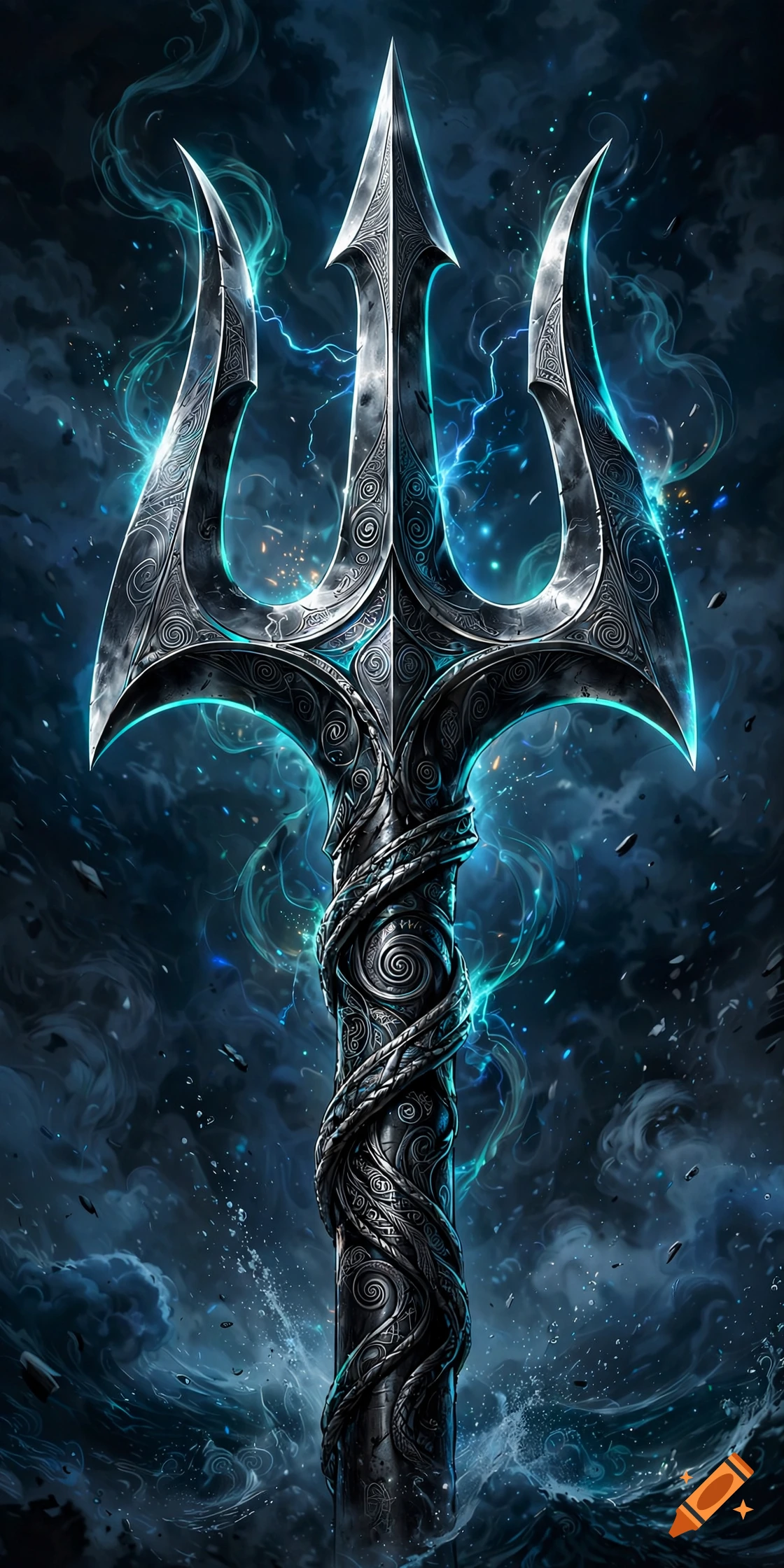 Detailed digital art of a glowing metallic trident with intricate engravings against a dark stormy background.