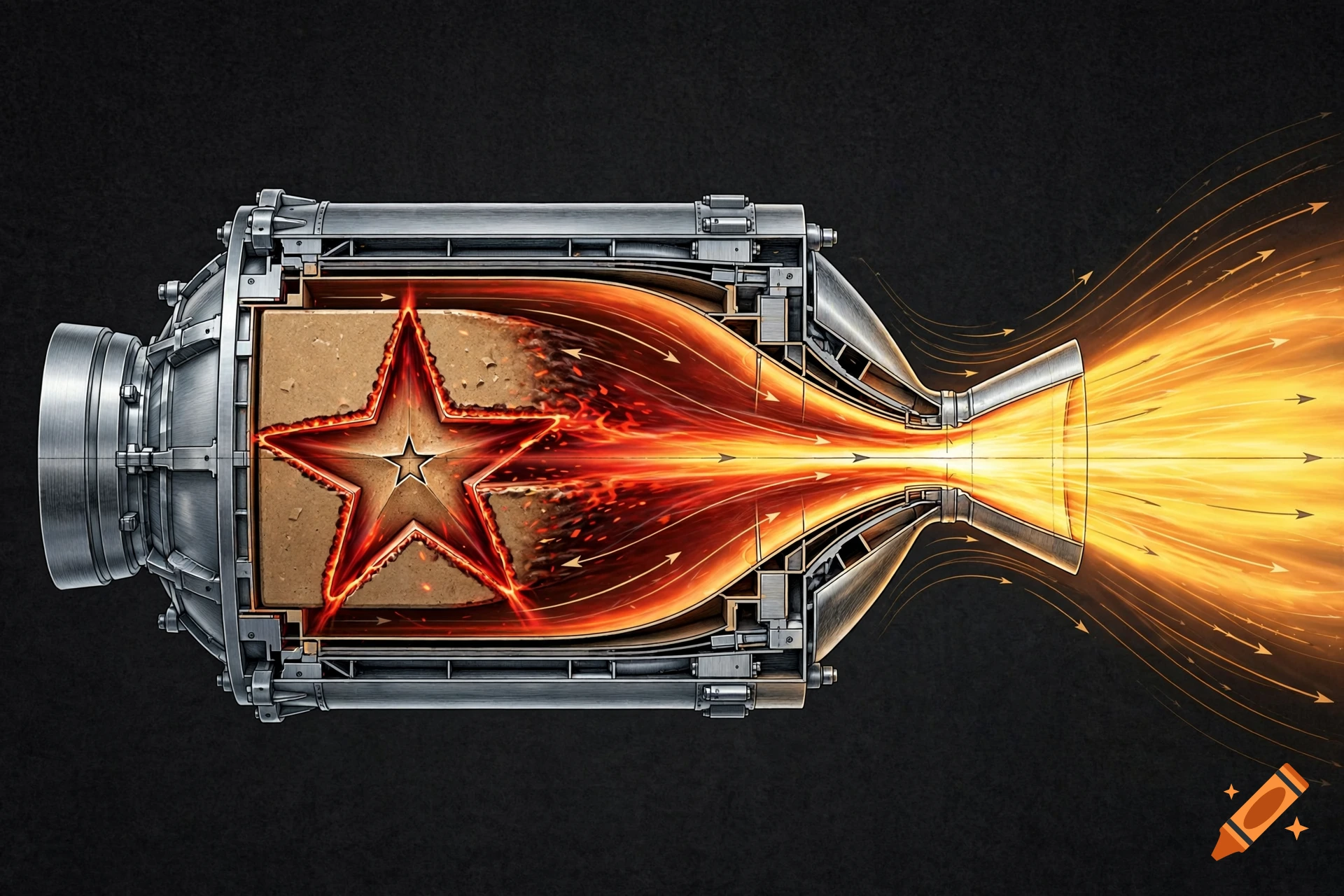Cross-sectional cutaway illustration of a solid rocket motor during firing, showing internal combustion and a star-shaped propellant.