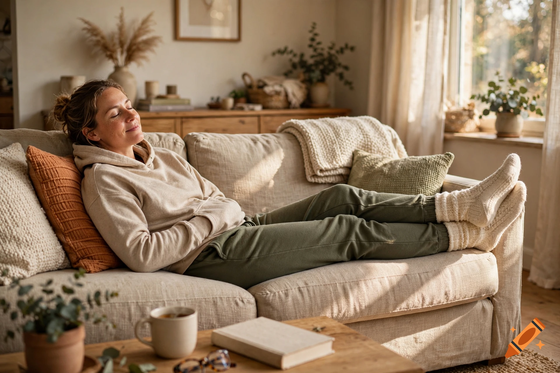 A woman relaxes on a beige sofa with her legs up wearing cozy socks in a sunlit living room.